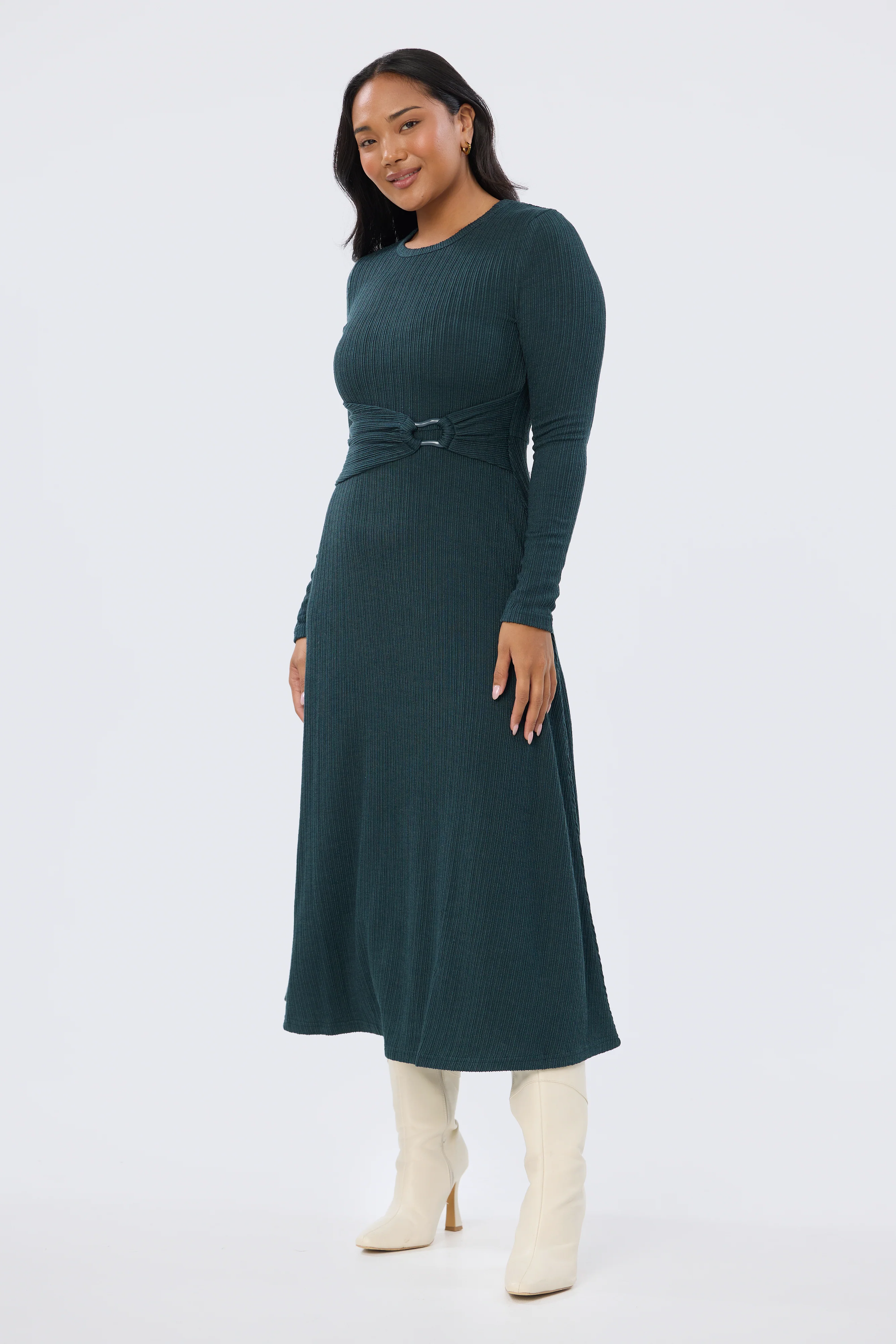 Buckle Gathered Midi Dress - Emerald - Image 3