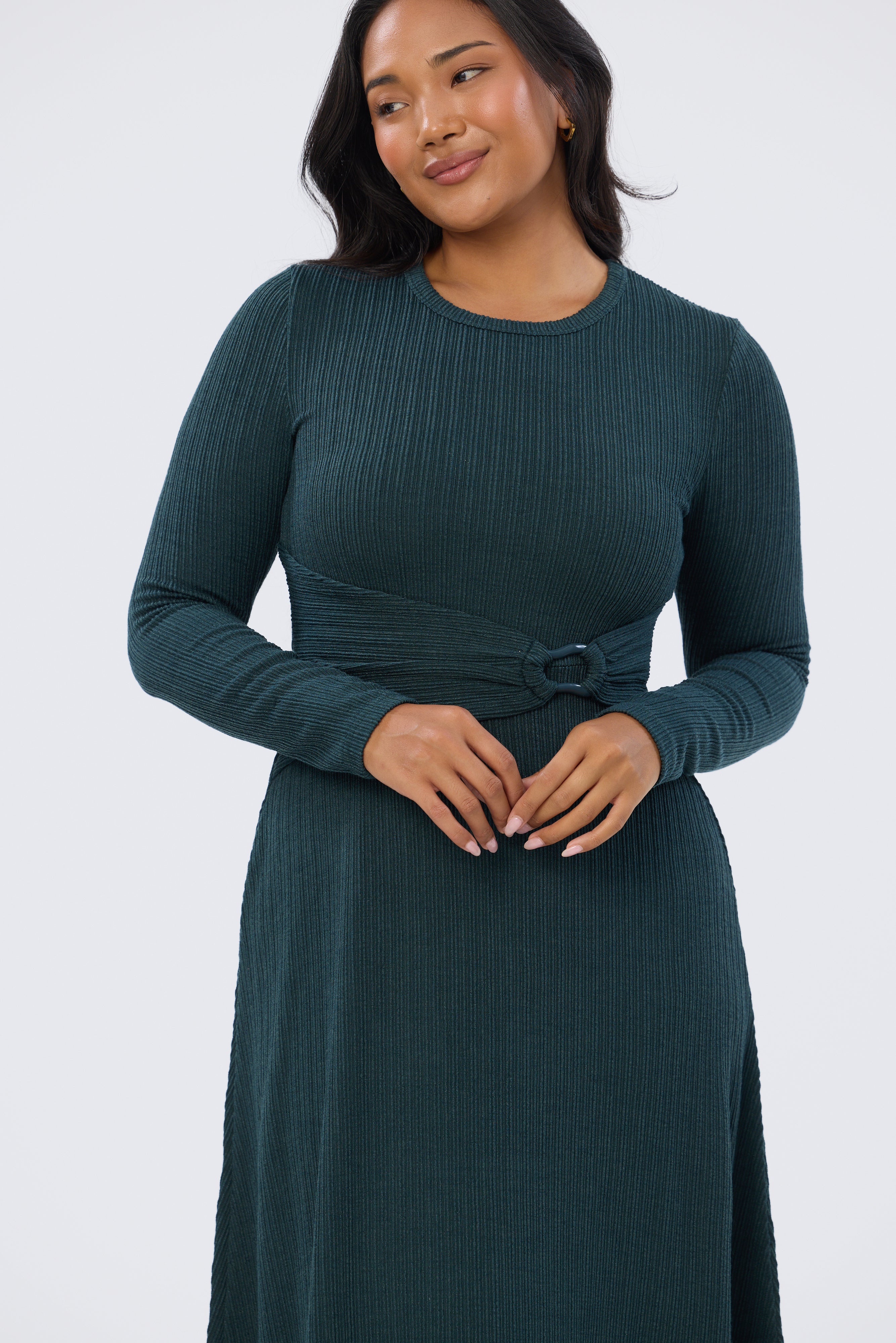 Buckle Gathered Midi Dress - Emerald - Image 5