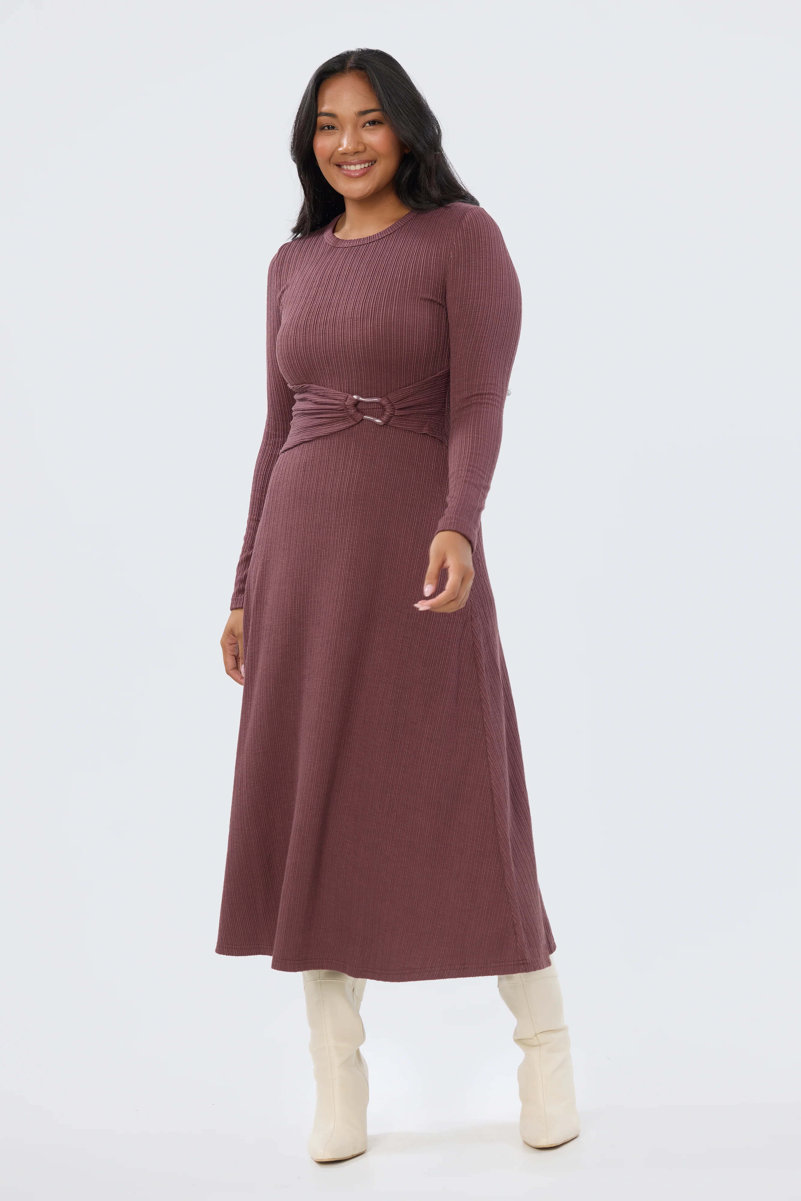 Buckle Gathered Midi Dress - Fig - Image 3