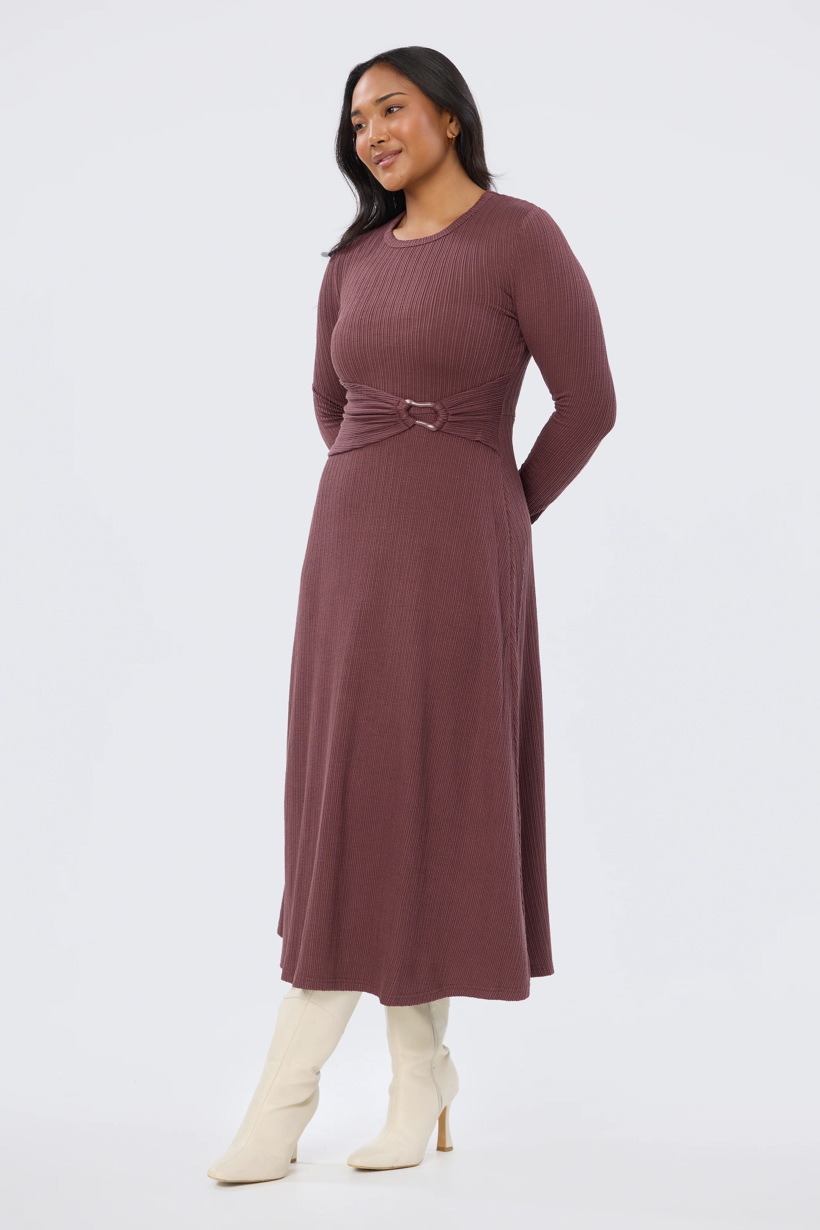 Buckle Gathered Midi Dress - Fig - Image 4
