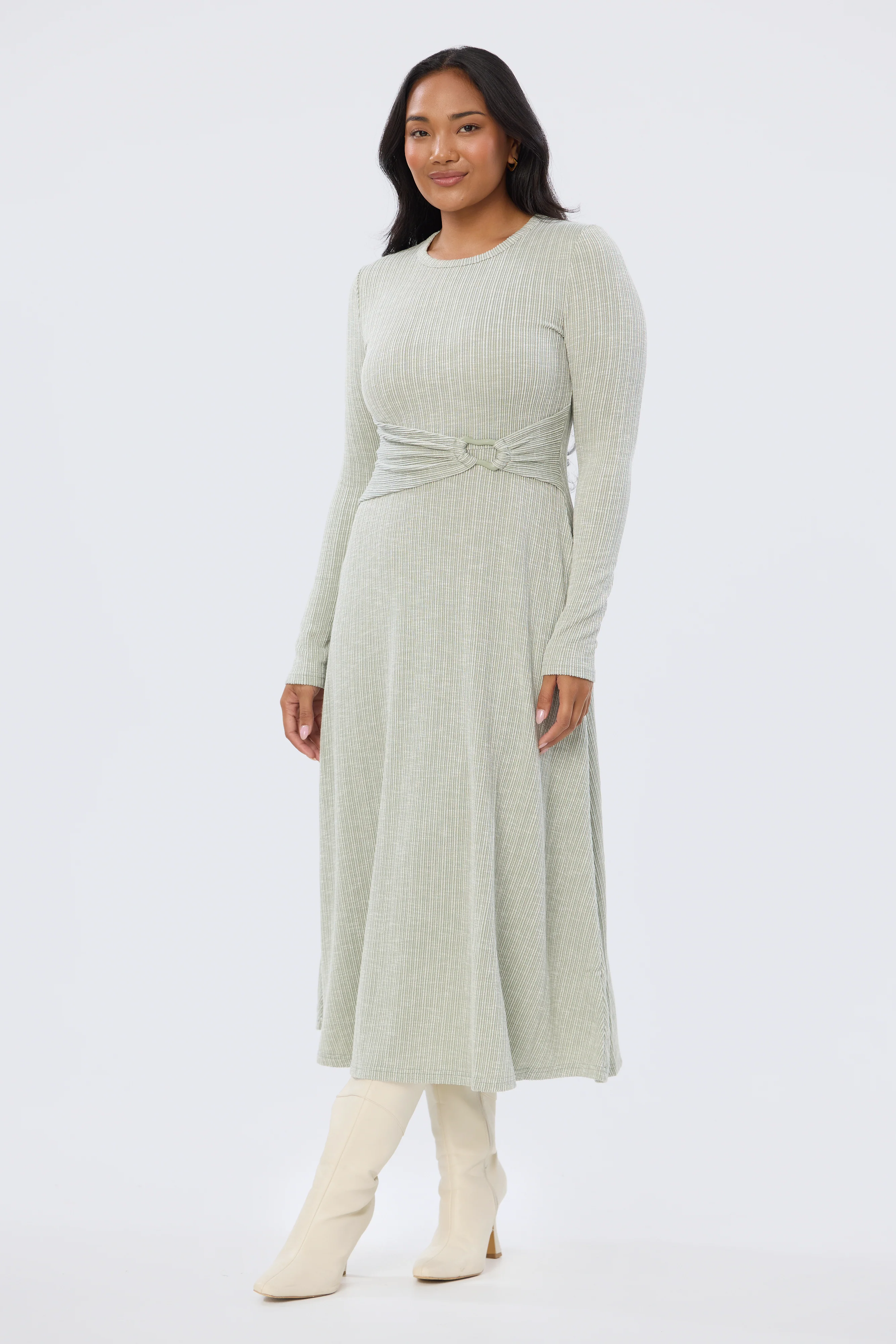 Buckle Gathered Midi Dress - Sage Marl - Image 3