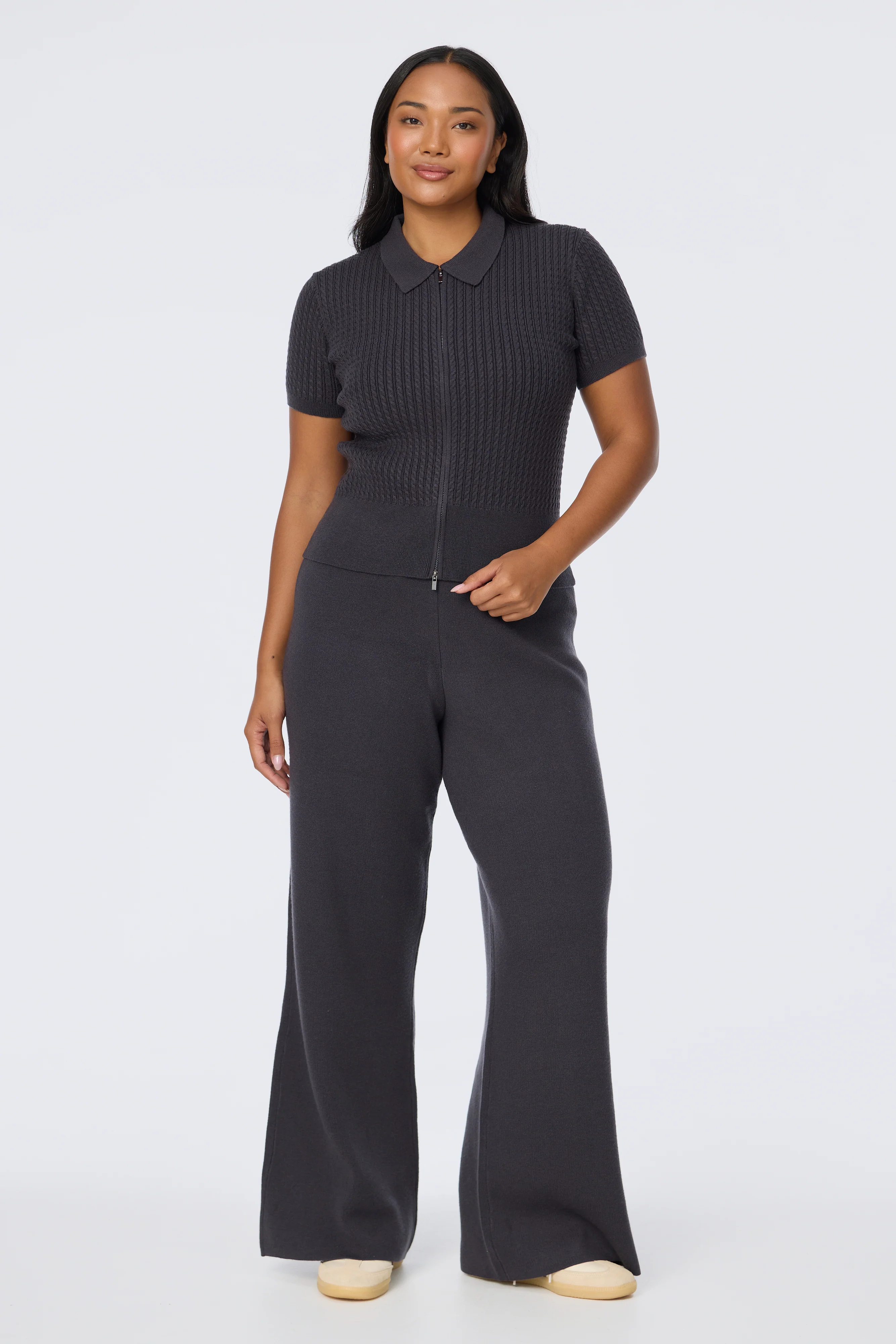 Cable Knit Zip Top - Charcoal - Image 3