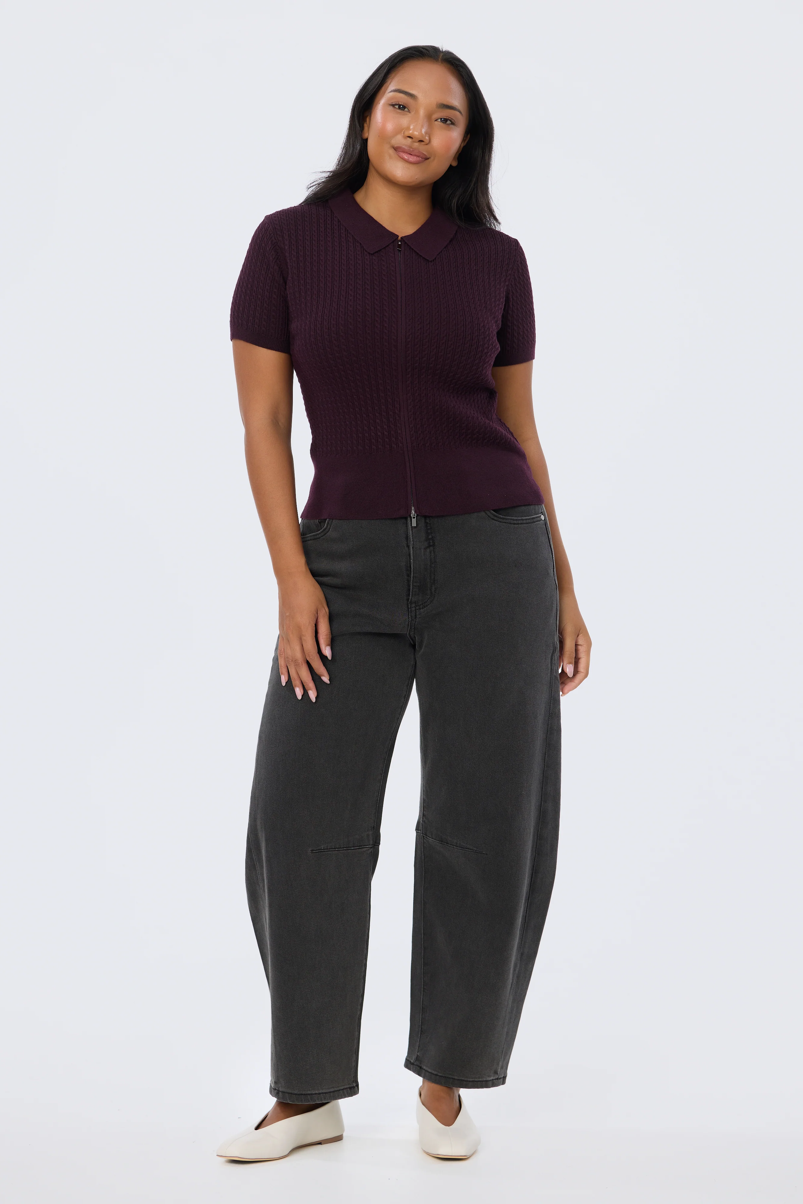 Cable Knit Zip Top - Aubergine - Image 2