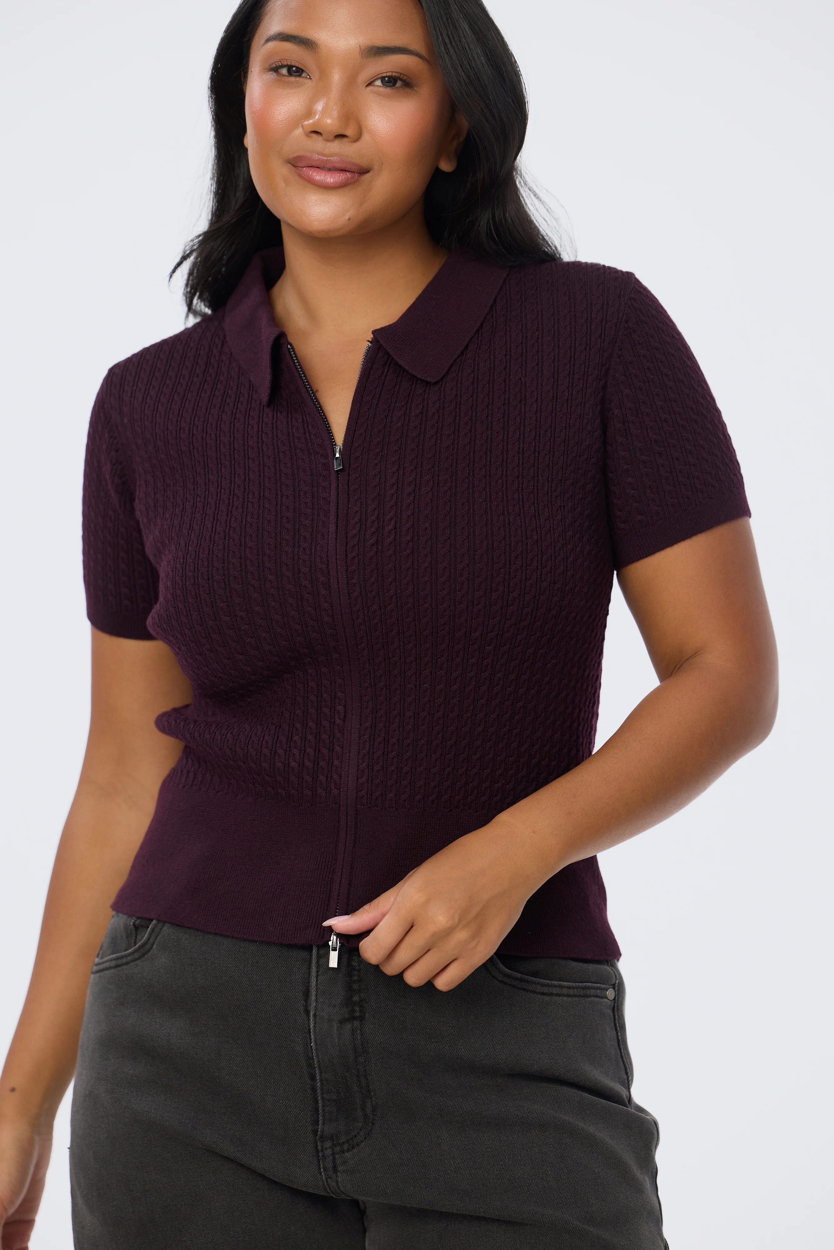 Cable Knit Zip Top - Aubergine - Image 3
