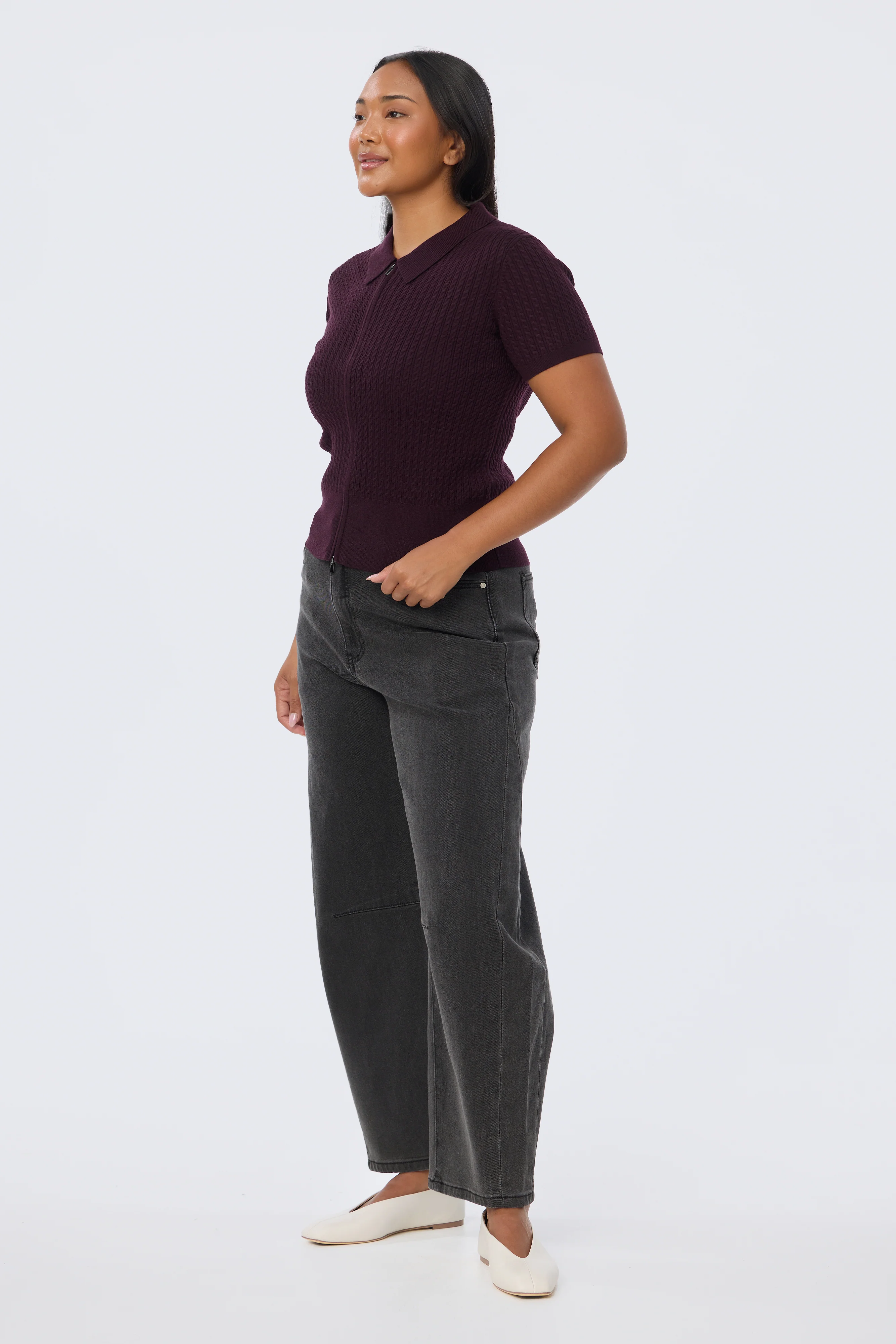 Cable Knit Zip Top - Aubergine - Image 4