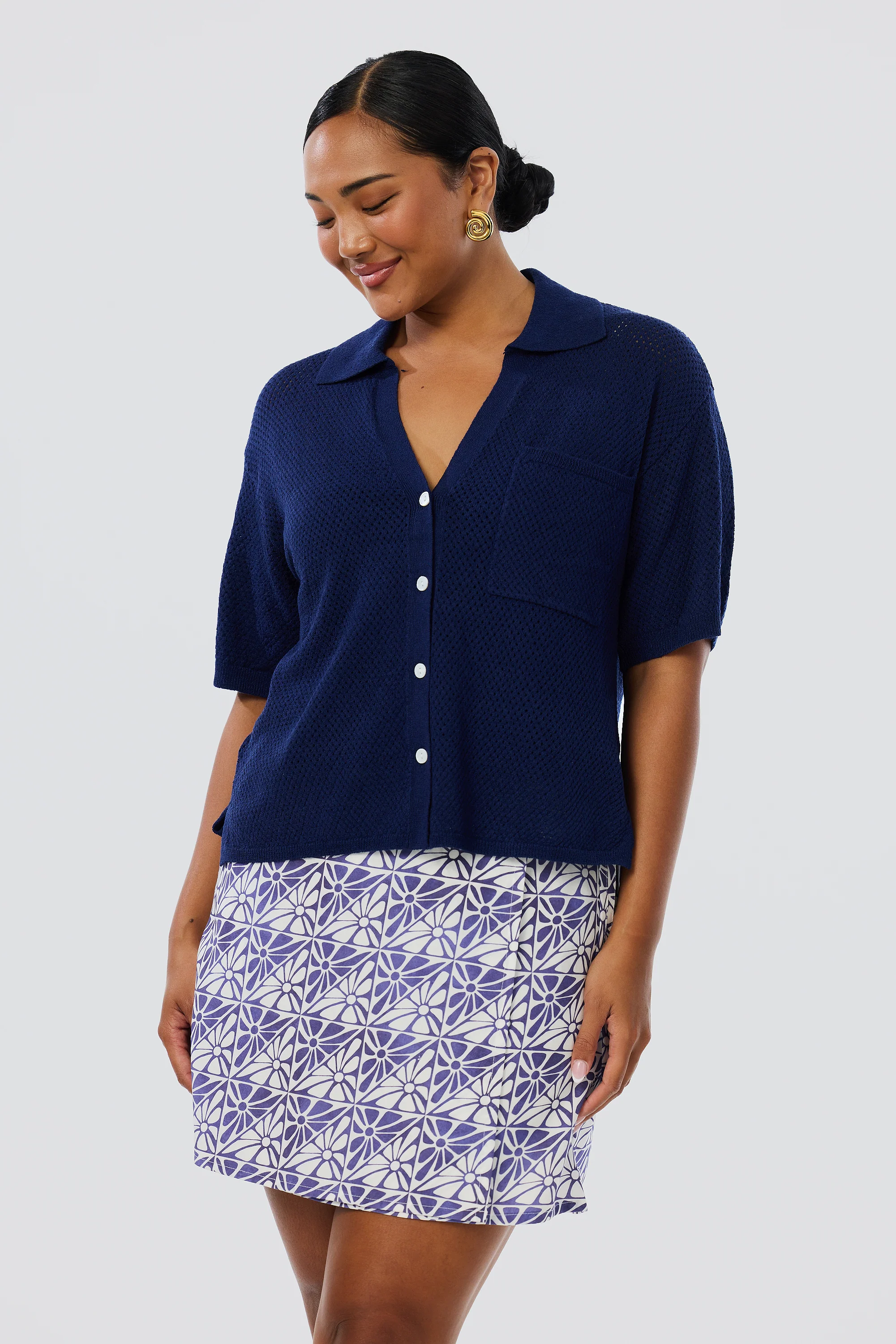 Crochet Short Sleeve Shirt - Indigo Blue - Image 4