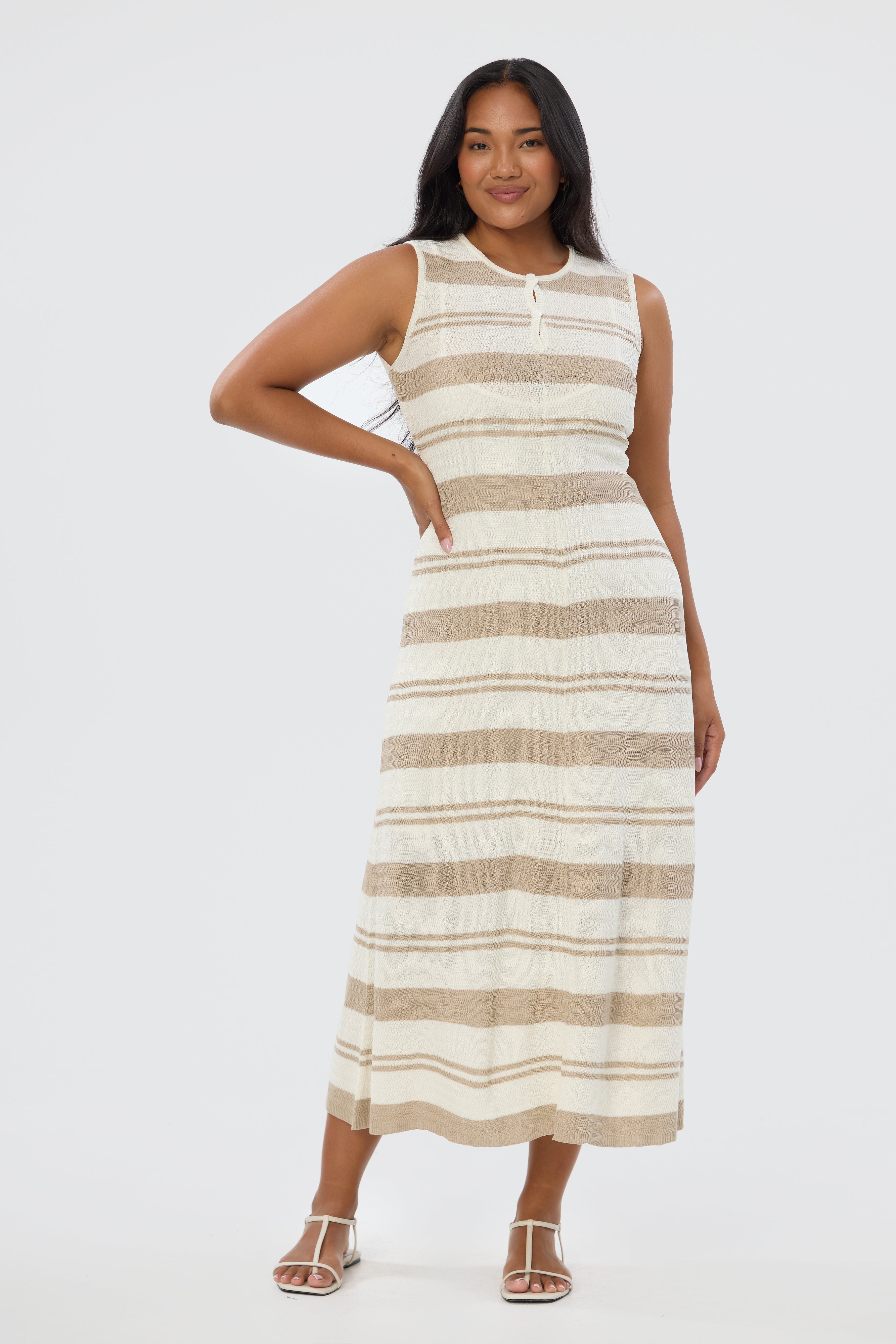 Crochet Sleeveless Dress - Wheat Stripe - Image 2