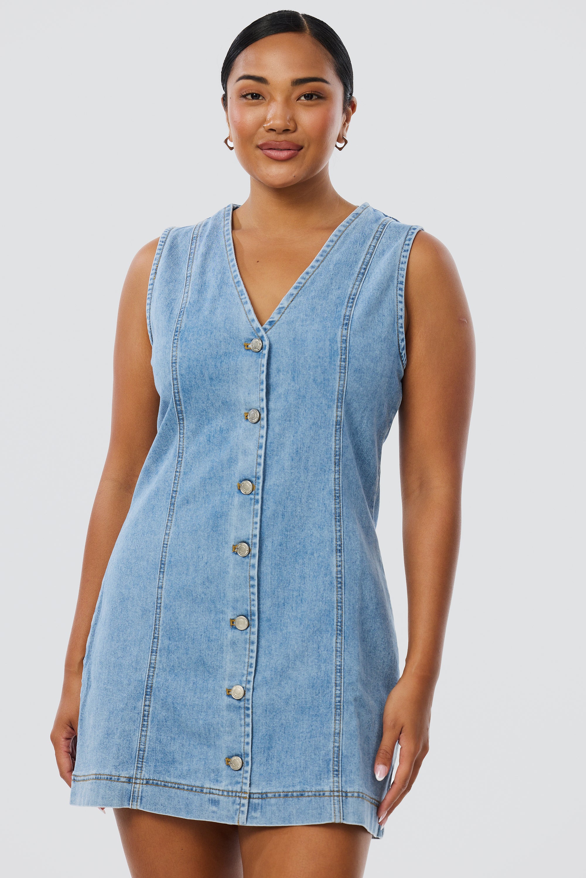 Denim Buttoned Mini Dress - Mid Blue Wash - Image 3