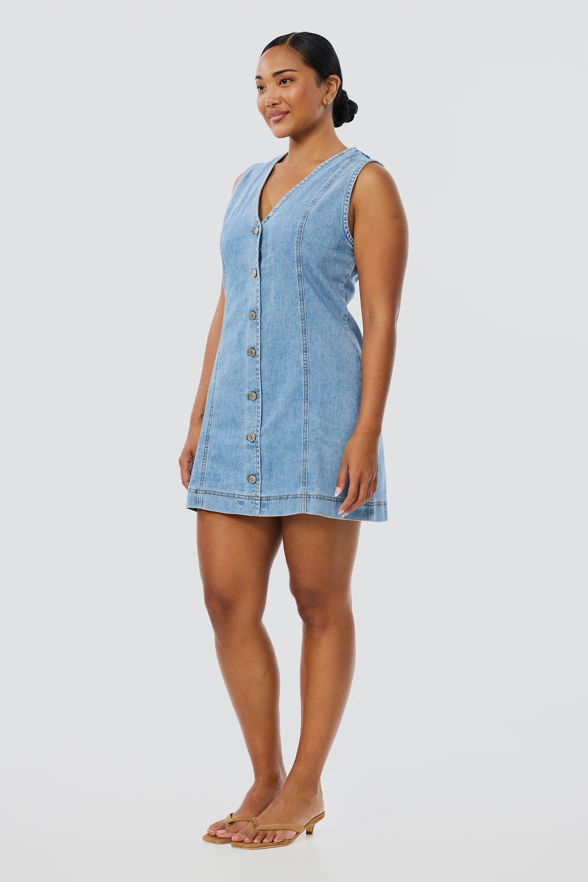 Denim Buttoned Mini Dress - Mid Blue Wash - Image 4