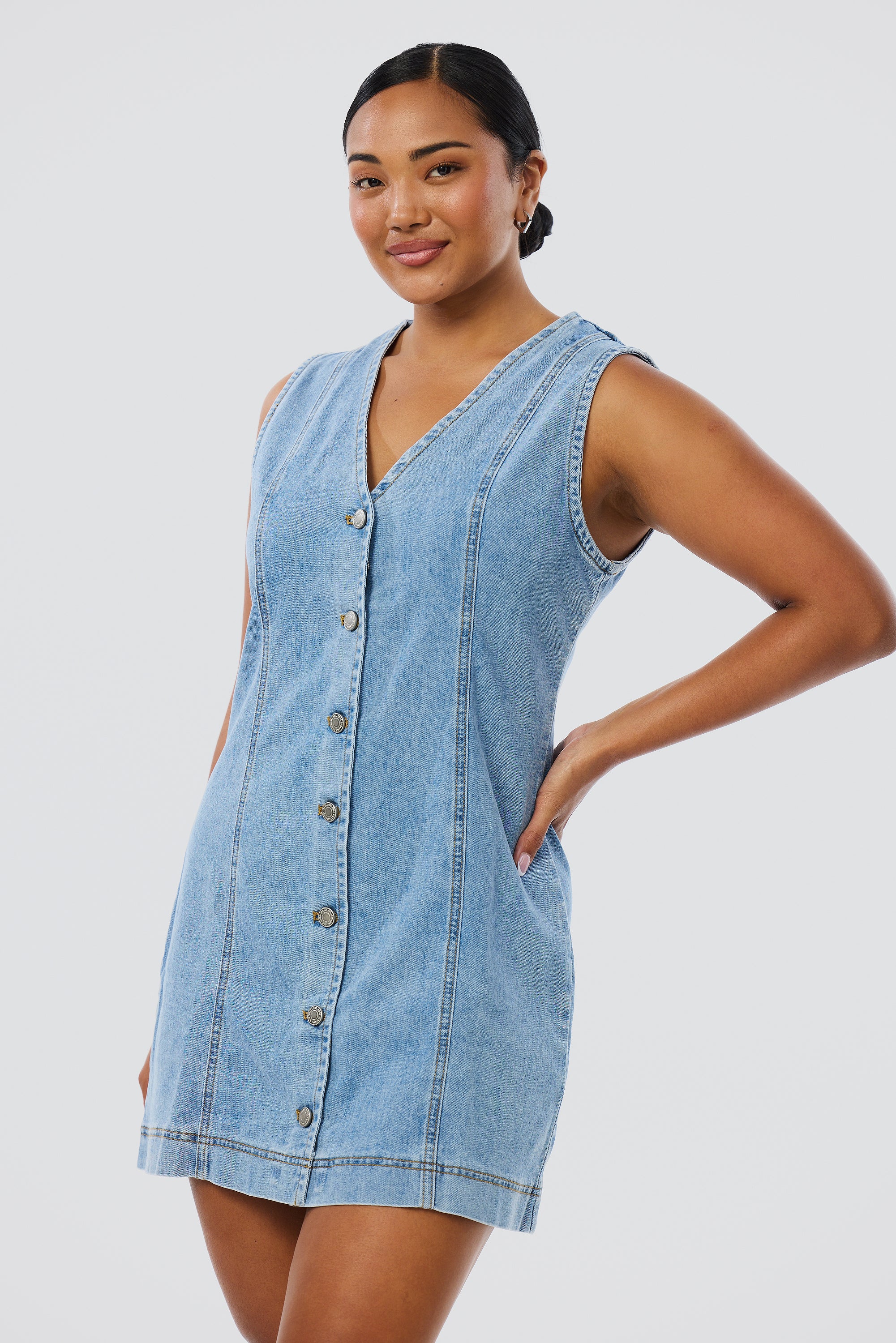 Denim Buttoned Mini Dress - Mid Blue Wash - Image 5