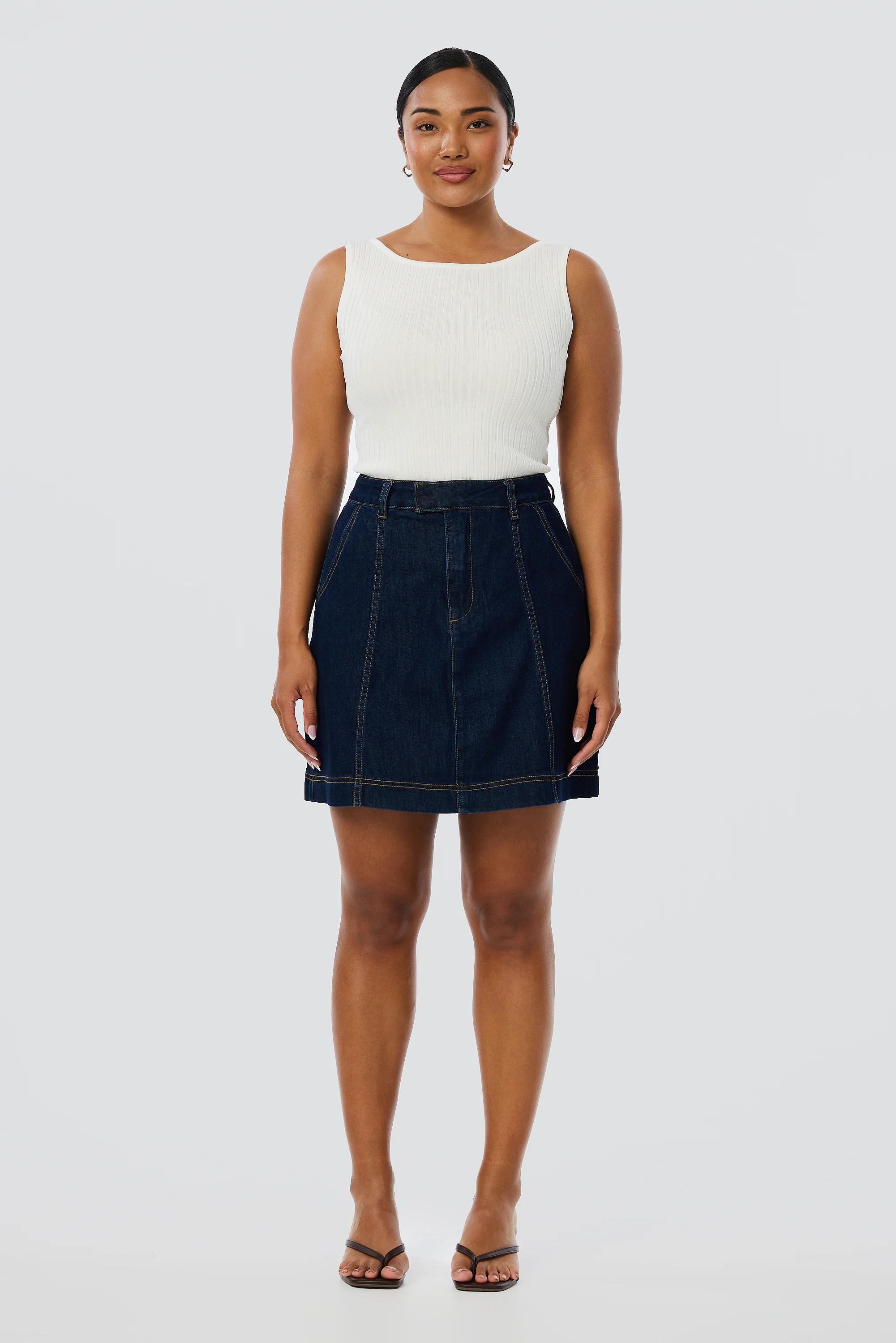 Denim Panelled Mini Skirt - Indigo