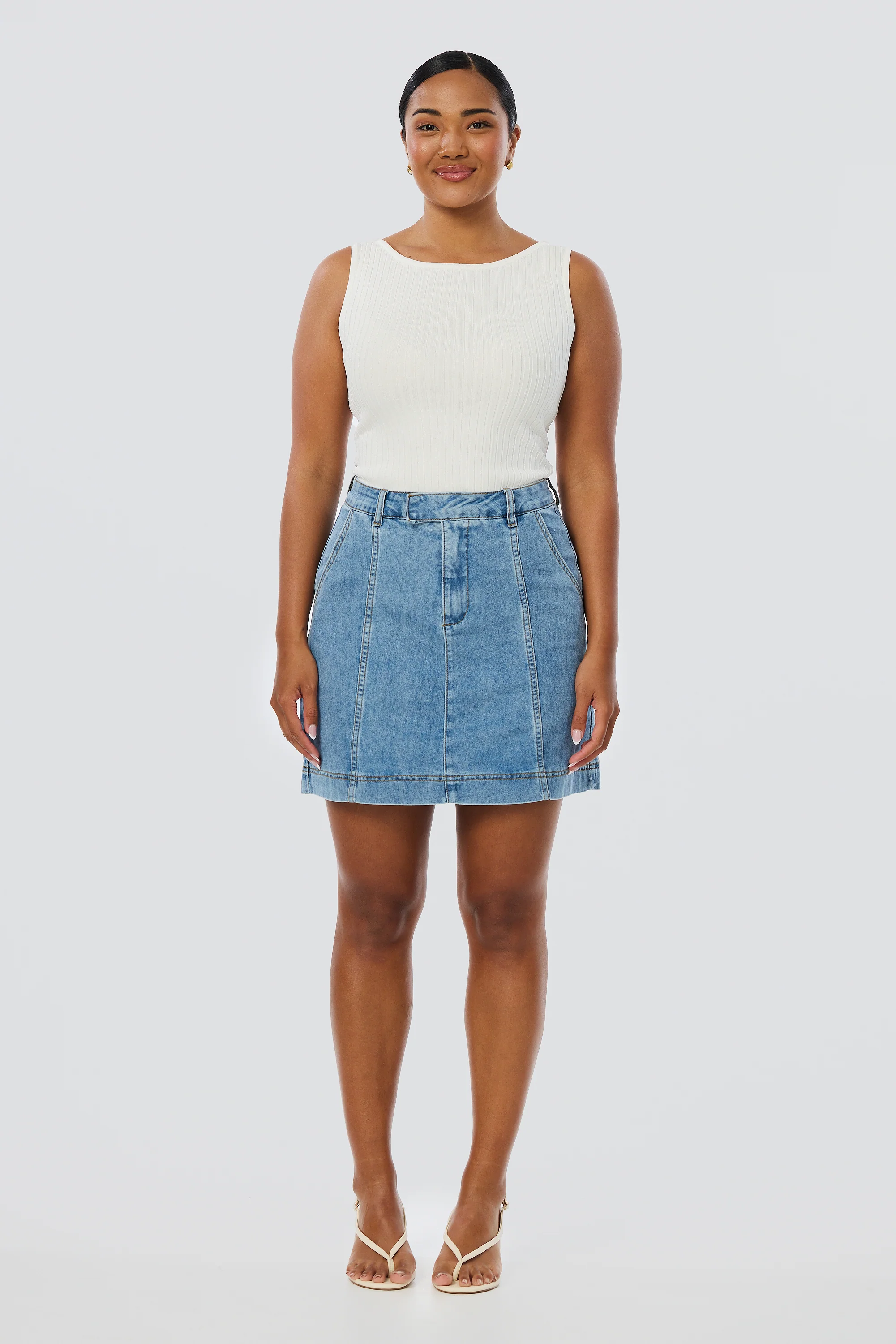 Denim Panelled Mini Skirt - Mid Blue Wash