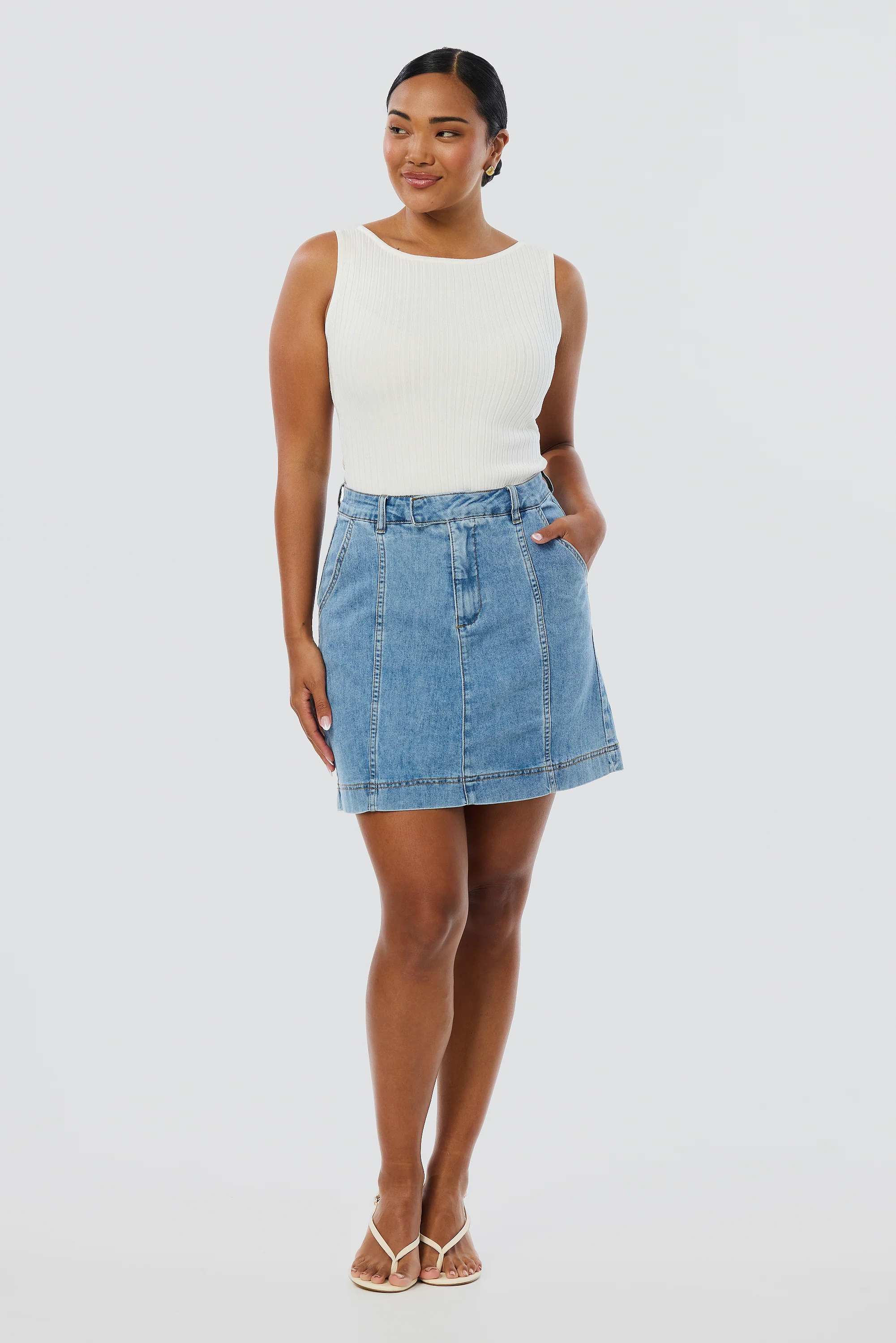 Denim Panelled Mini Skirt - Mid Blue Wash - Image 2
