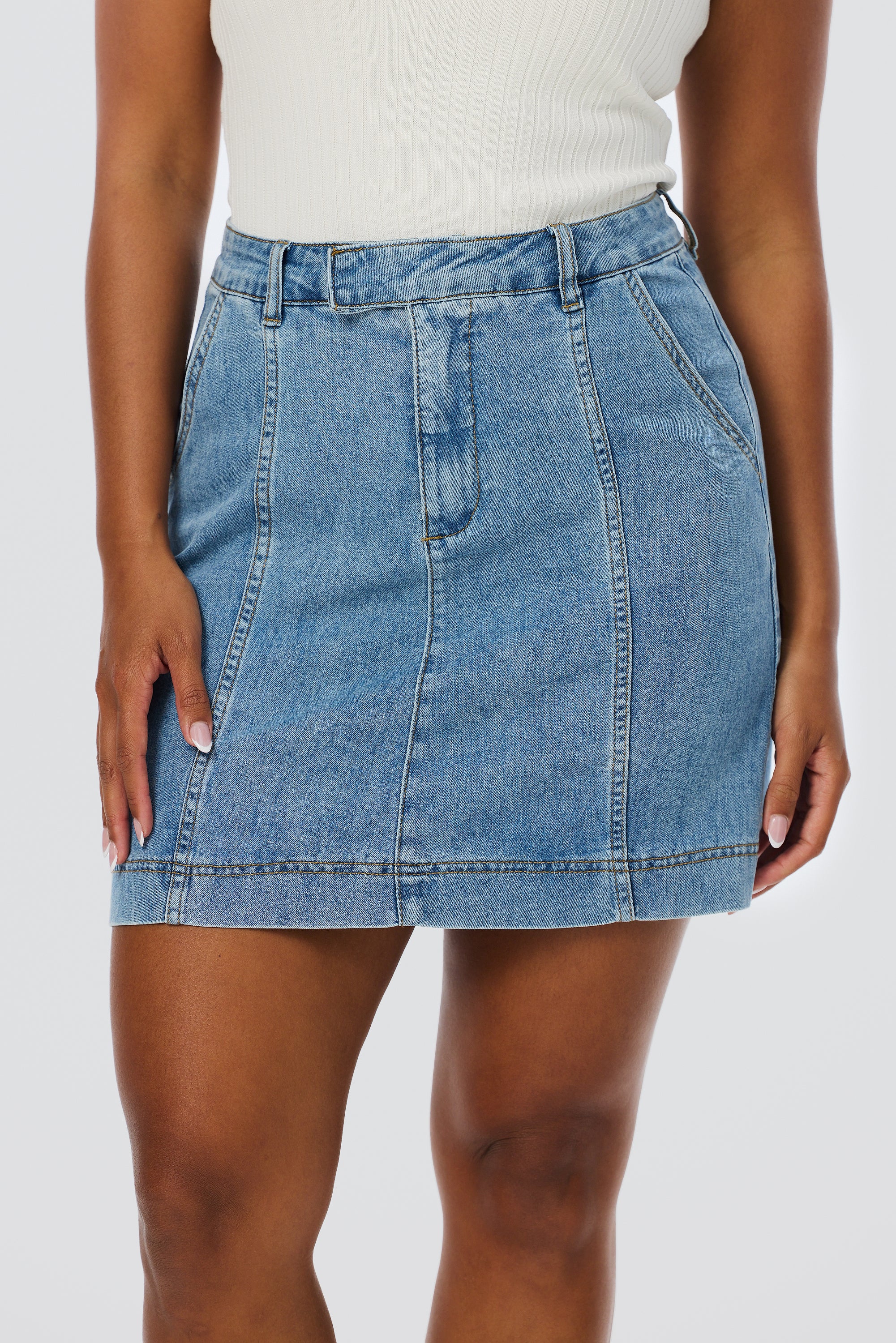 Denim Panelled Mini Skirt - Mid Blue Wash - Image 3