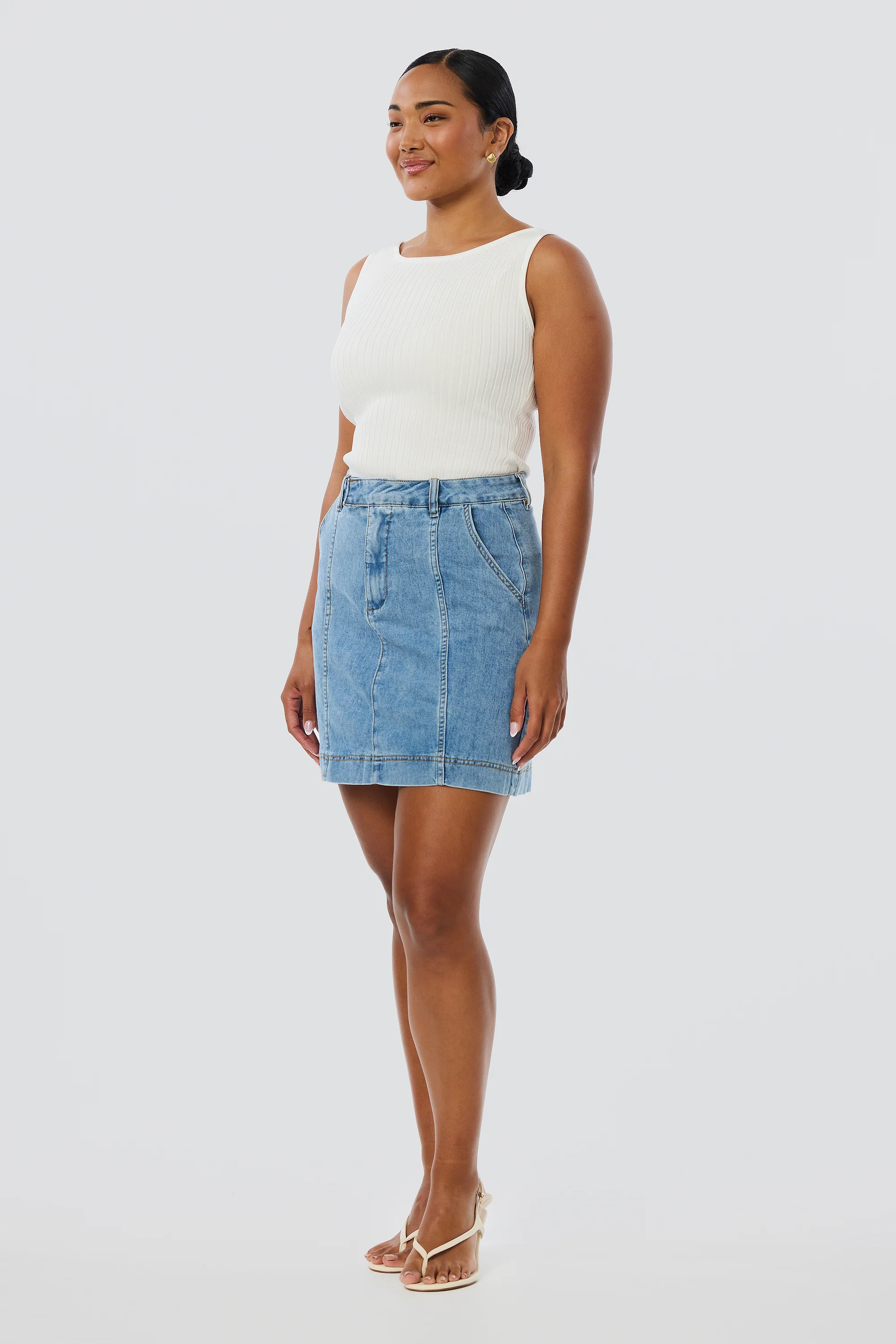 Denim Panelled Mini Skirt - Mid Blue Wash - Image 4