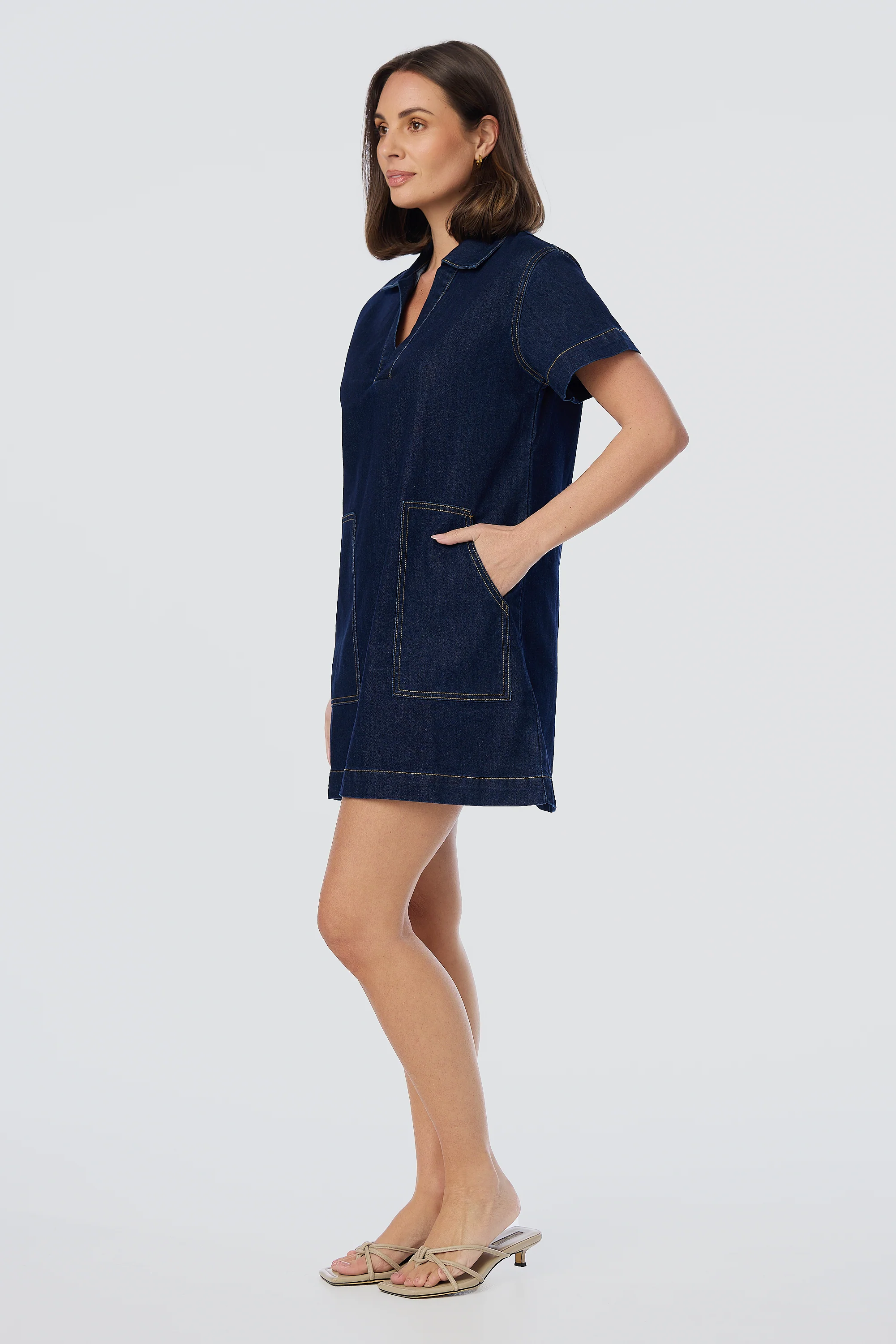 Denim Short Sleeve Mini Dress - Indigo - Image 3