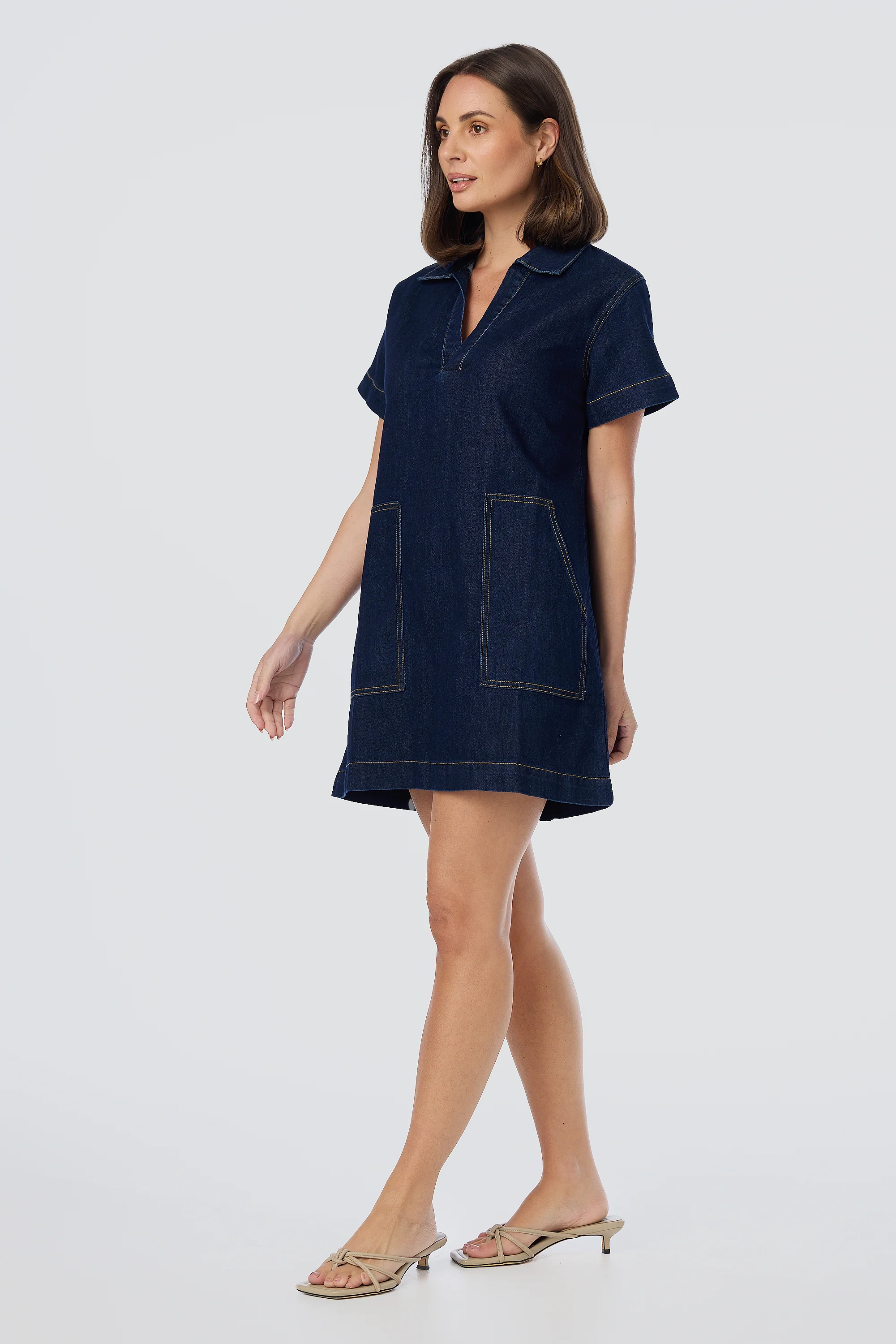 Denim Short Sleeve Mini Dress - Indigo - Image 4