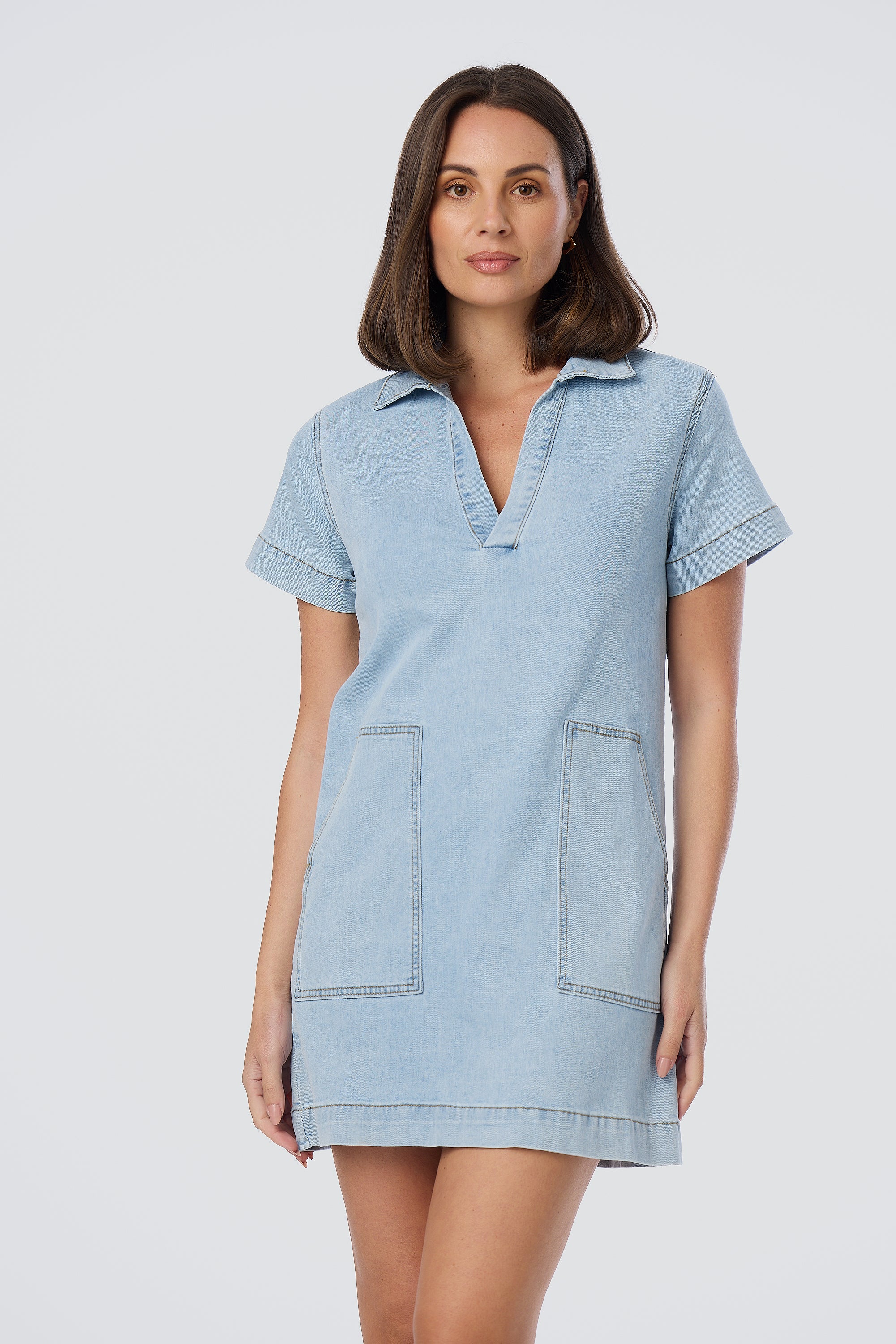 Denim Short Sleeve Mini Dress - Light Blue Wash - Image 3