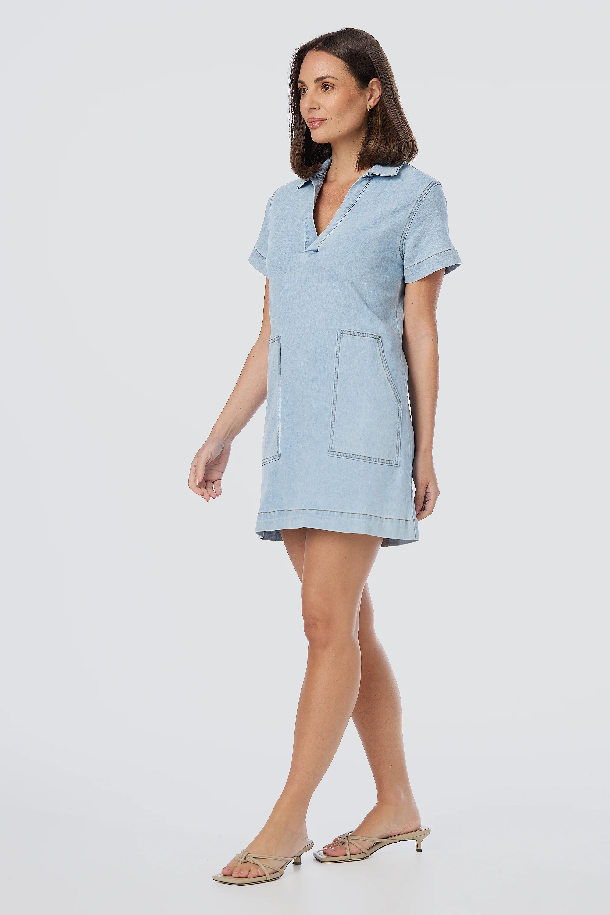 Denim Short Sleeve Mini Dress - Light Blue Wash - Image 5