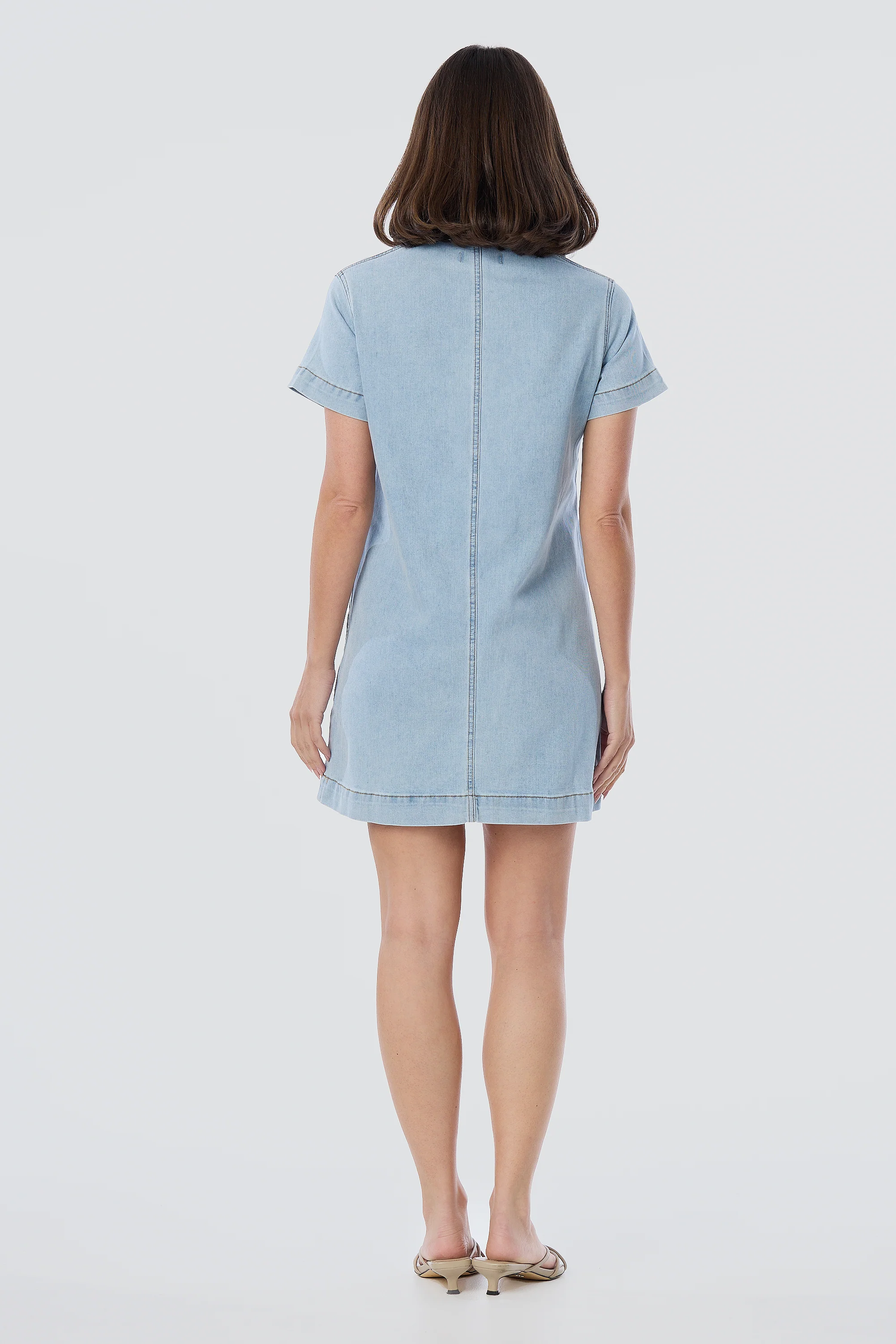 Denim Short Sleeve Mini Dress - Light Blue Wash - Image 6