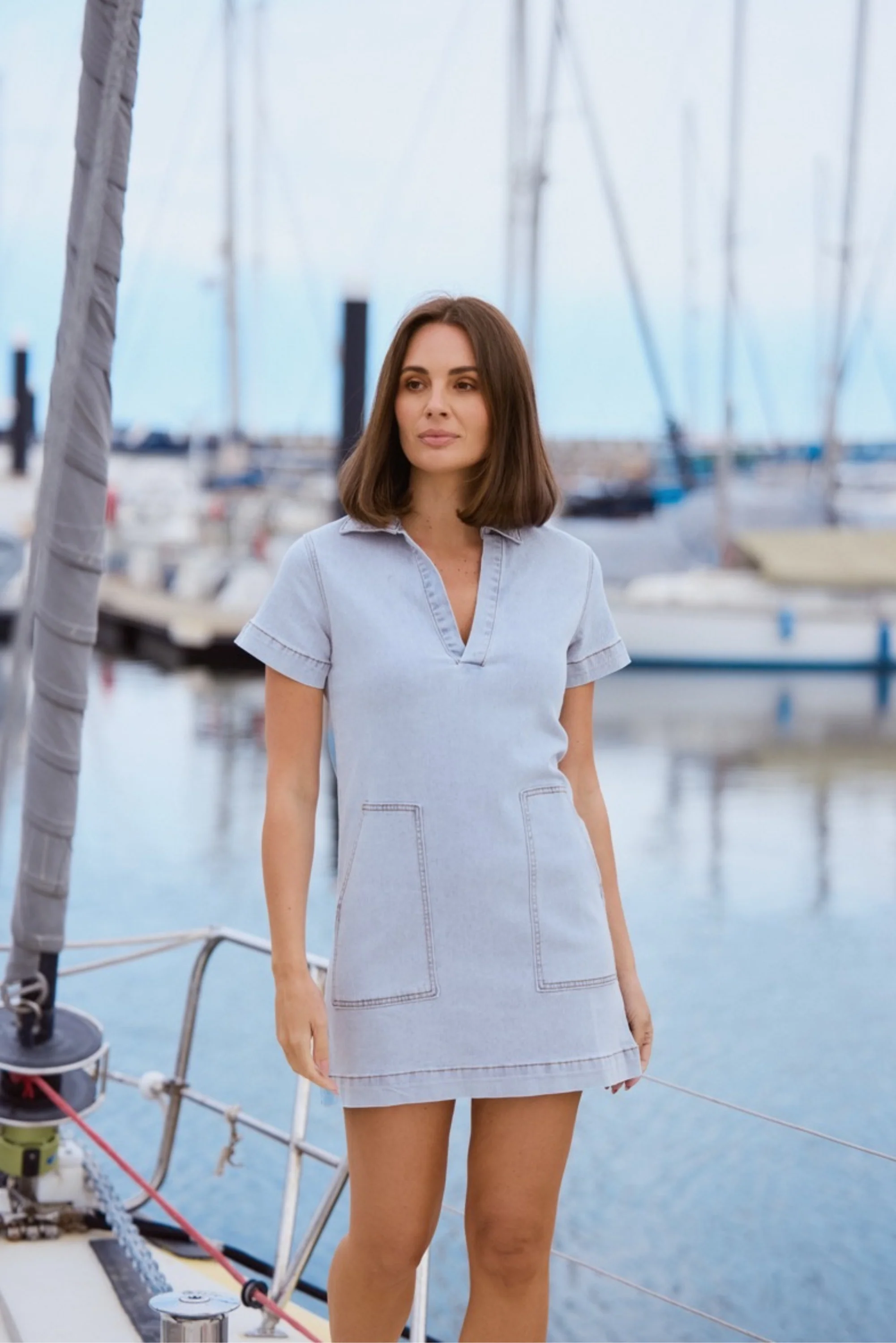 Denim Short Sleeve Mini Dress - Light Blue Wash - Image 7