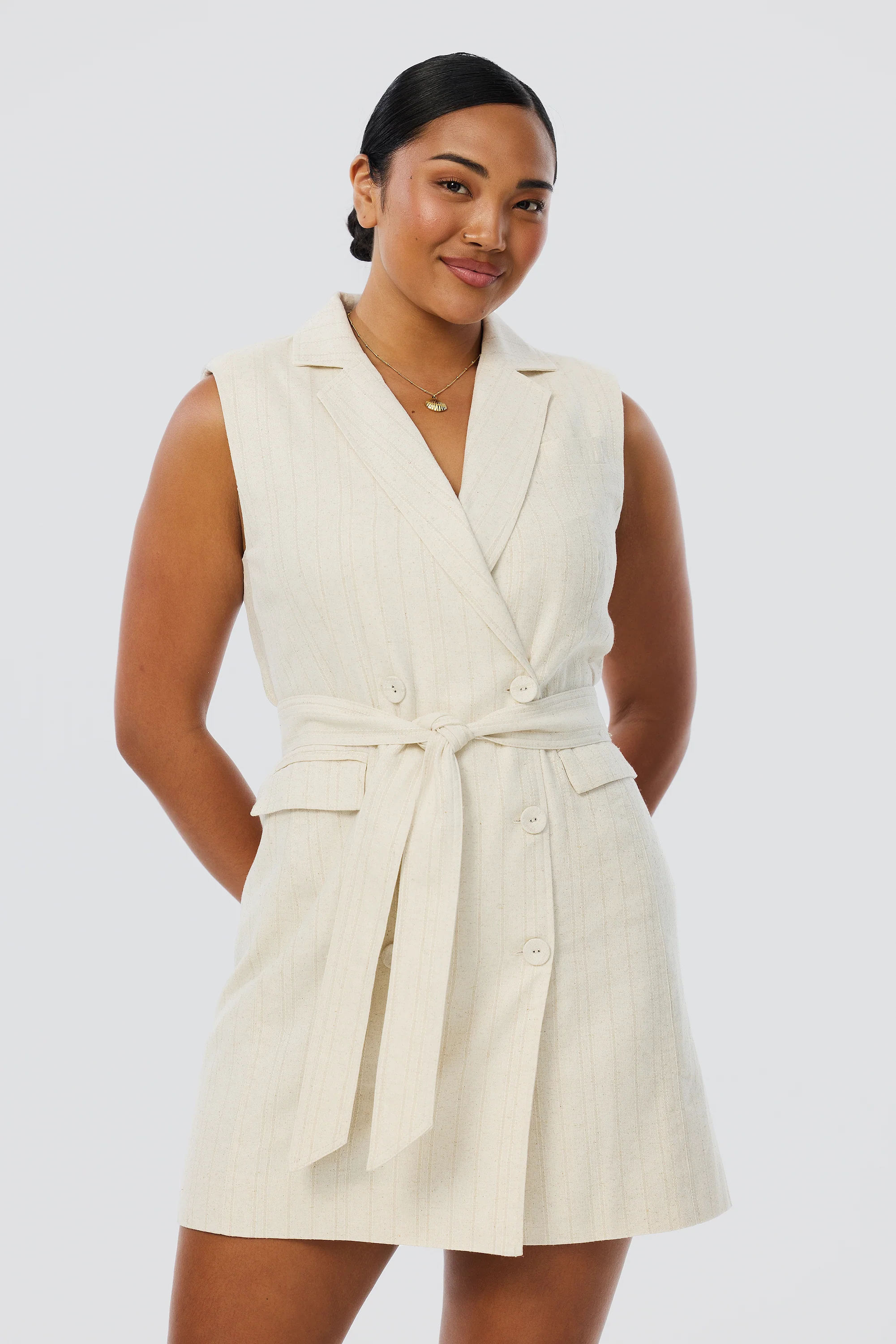 Double Breasted Mini Dress - Oatmeal Stripe - Image 4