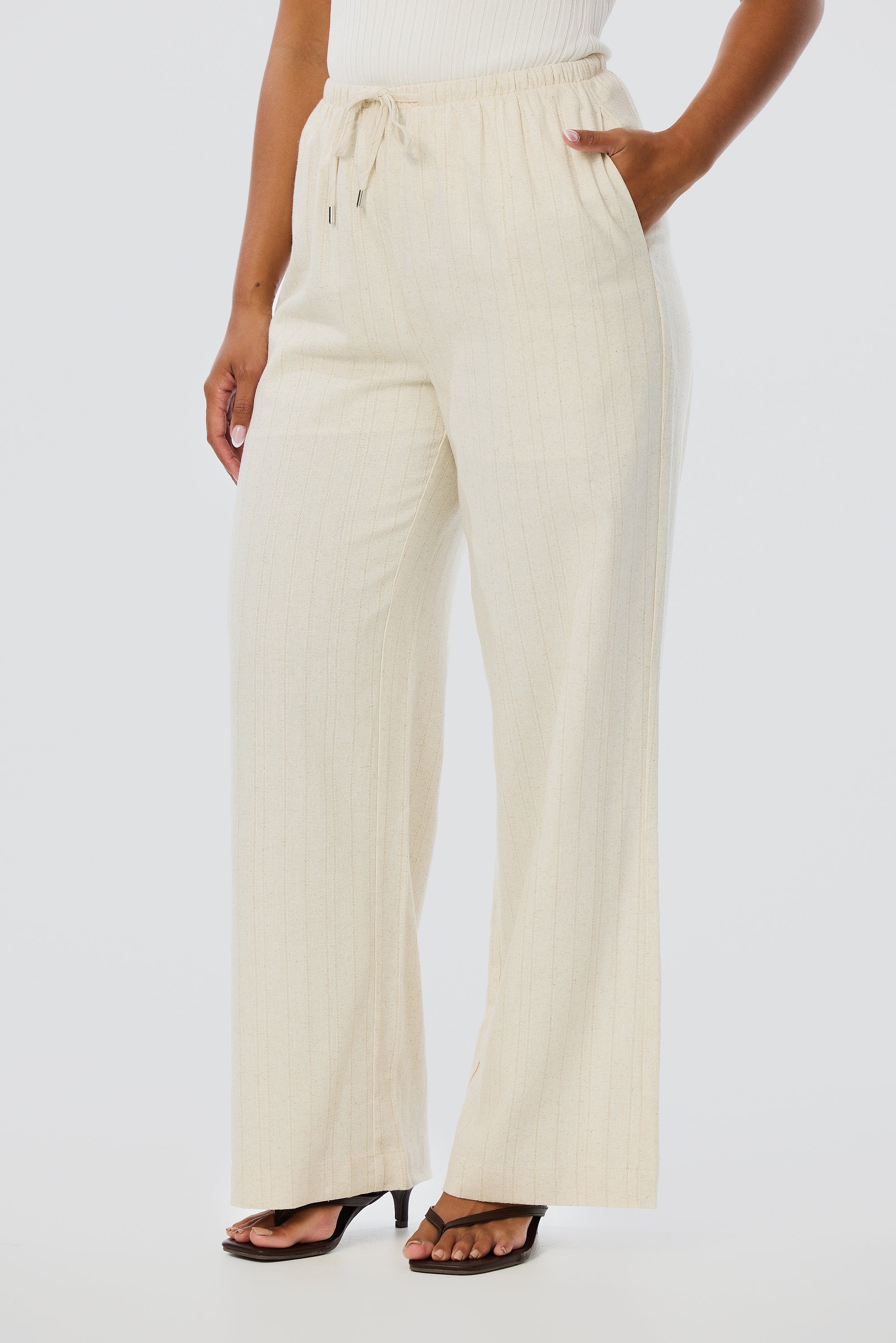 Elastic Waist Pants - Oatmeal Stripe - Image 3
