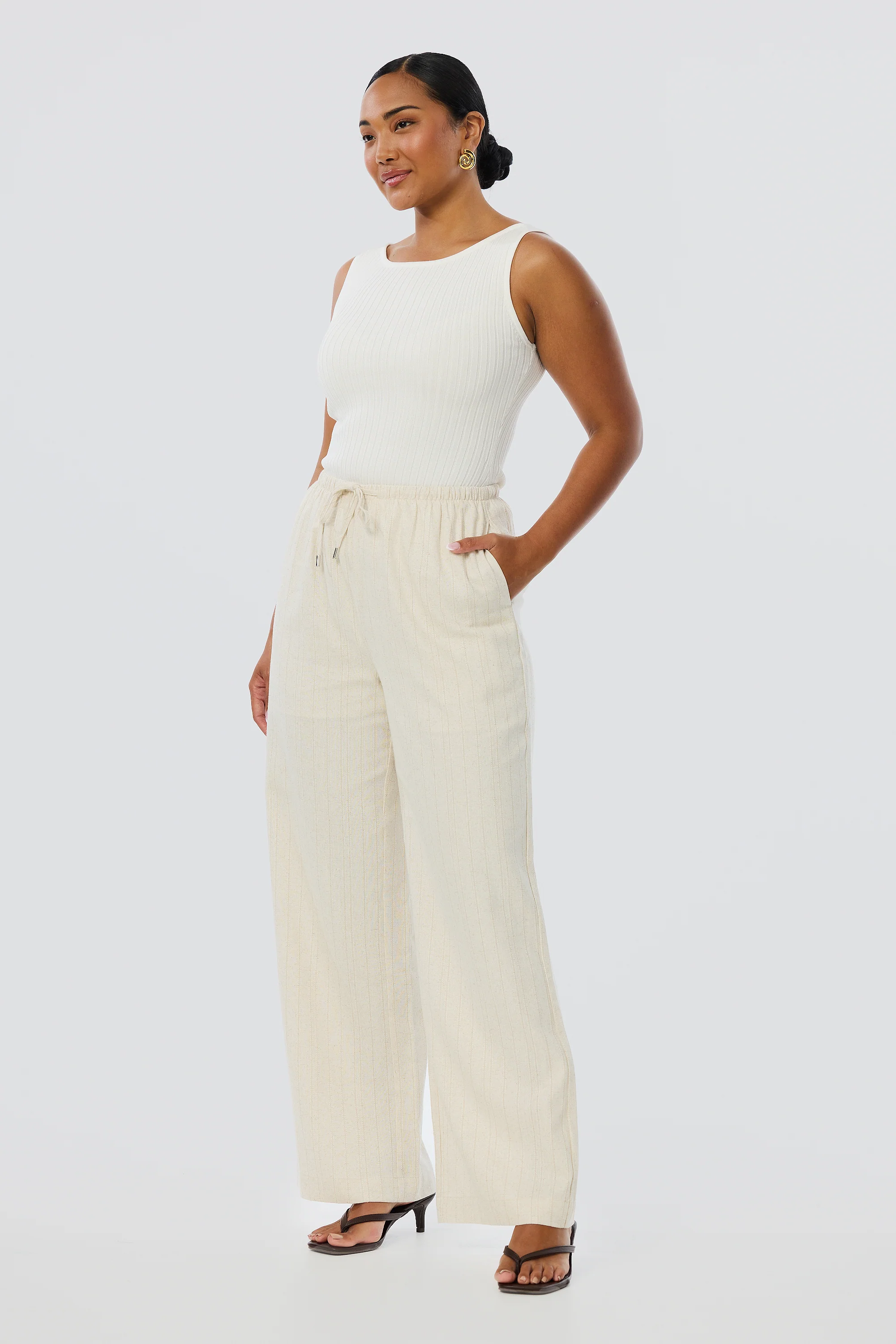 Elastic Waist Pants - Oatmeal Stripe - Image 4