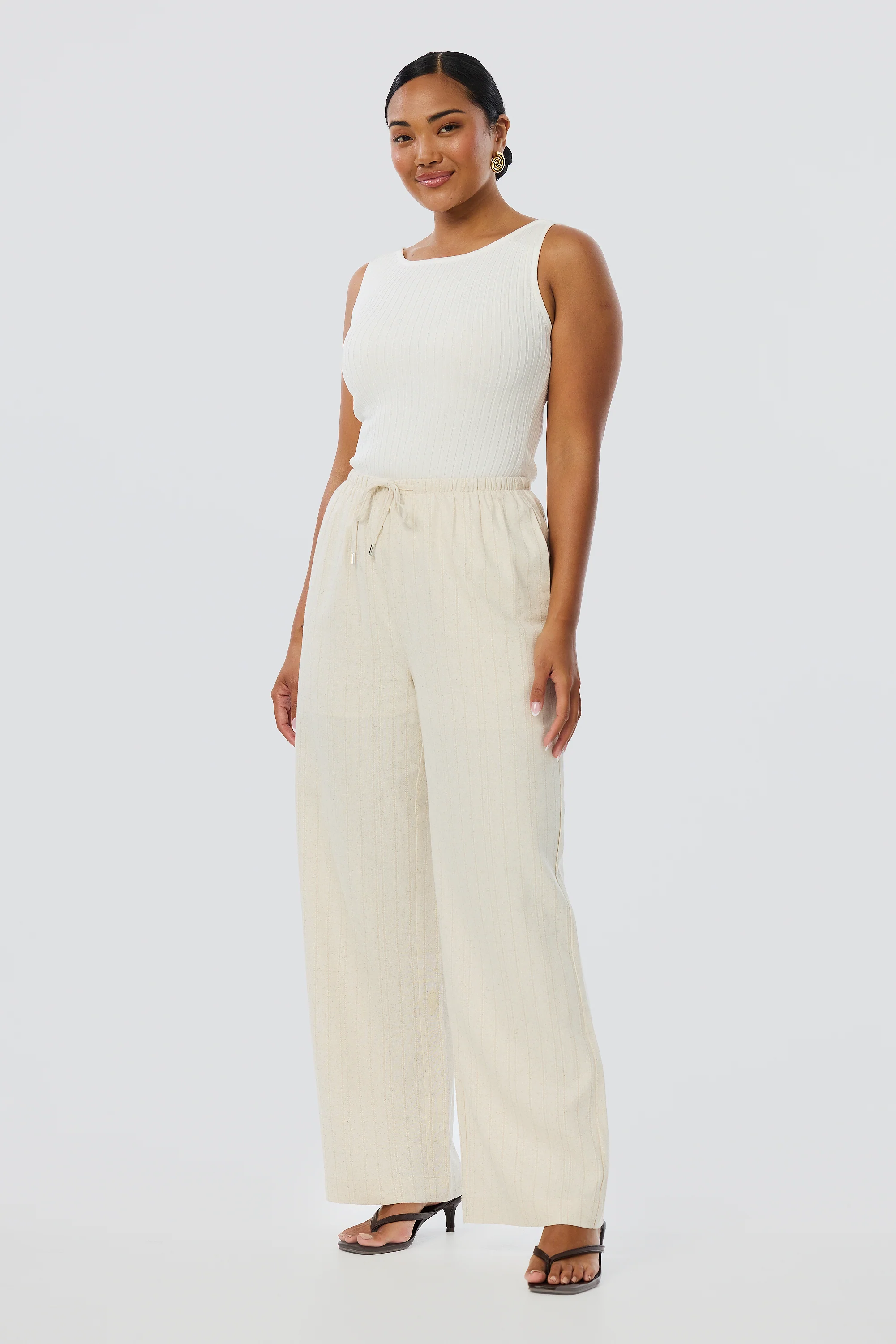 Elastic Waist Pants - Oatmeal Stripe - Image 5