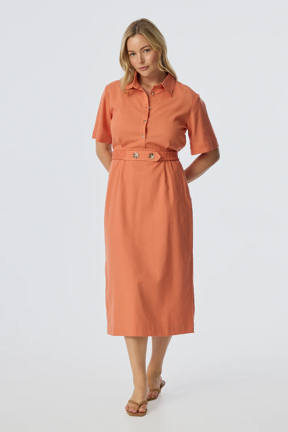 Elastic Waist Shirt Dress - Apricot - Image 3