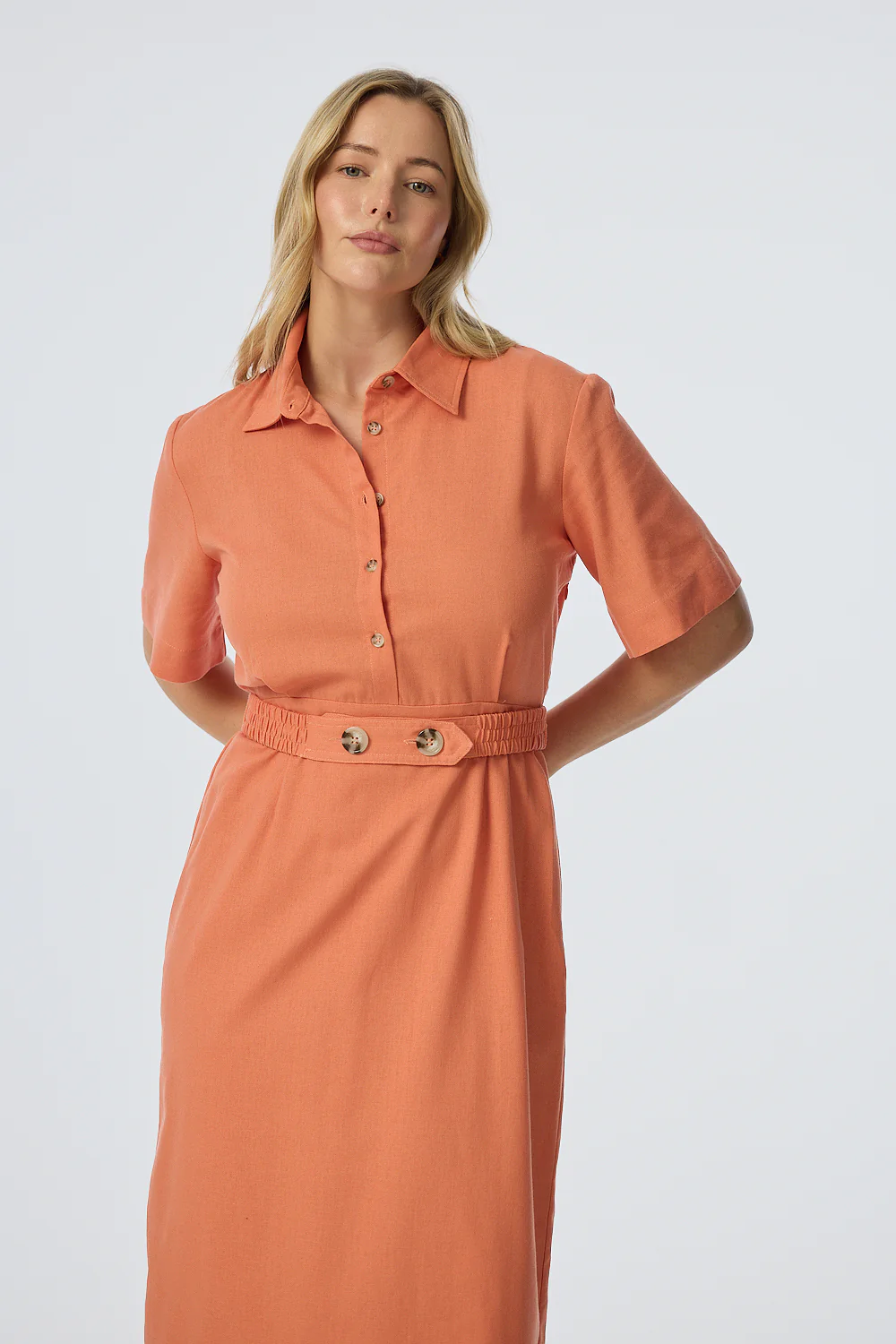 Elastic Waist Shirt Dress - Apricot - Image 4