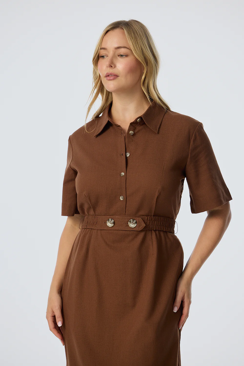 Elastic Waist Shirt Dress - Walnut - Image 3