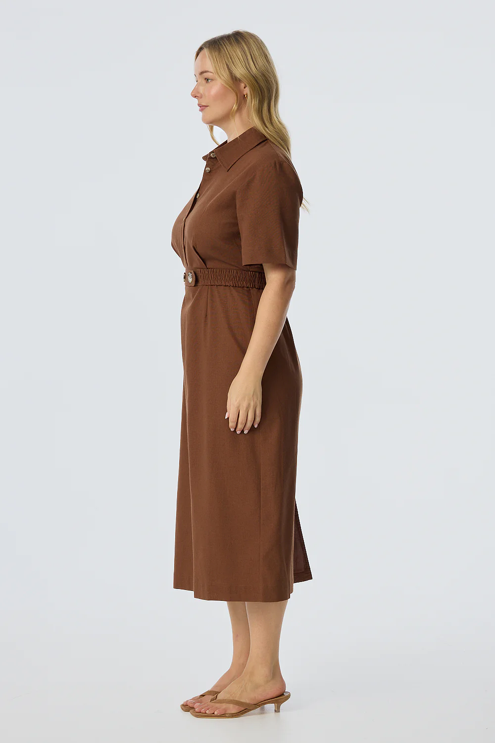 Elastic Waist Shirt Dress - Walnut - Image 4