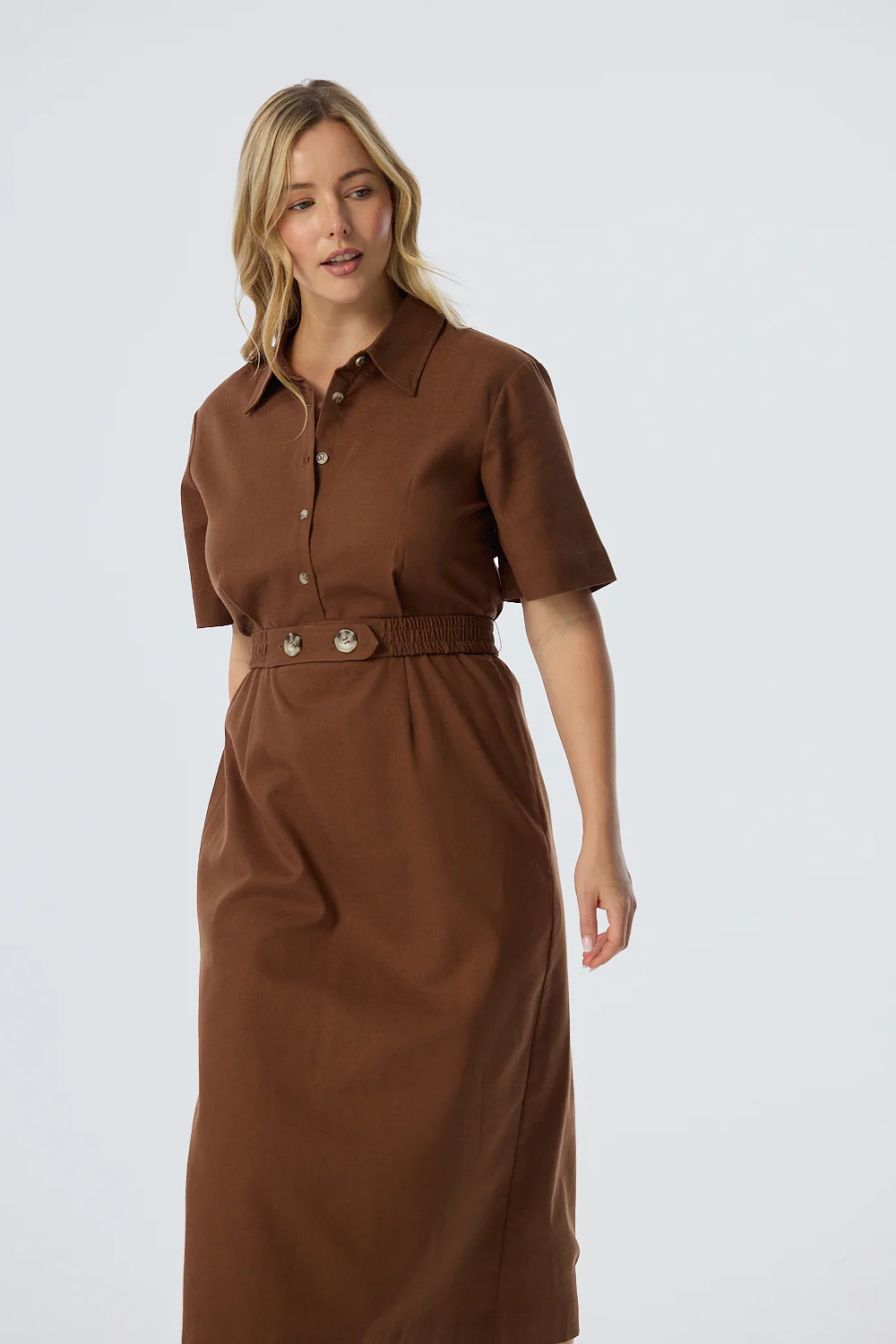 Elastic Waist Shirt Dress - Walnut - Image 6