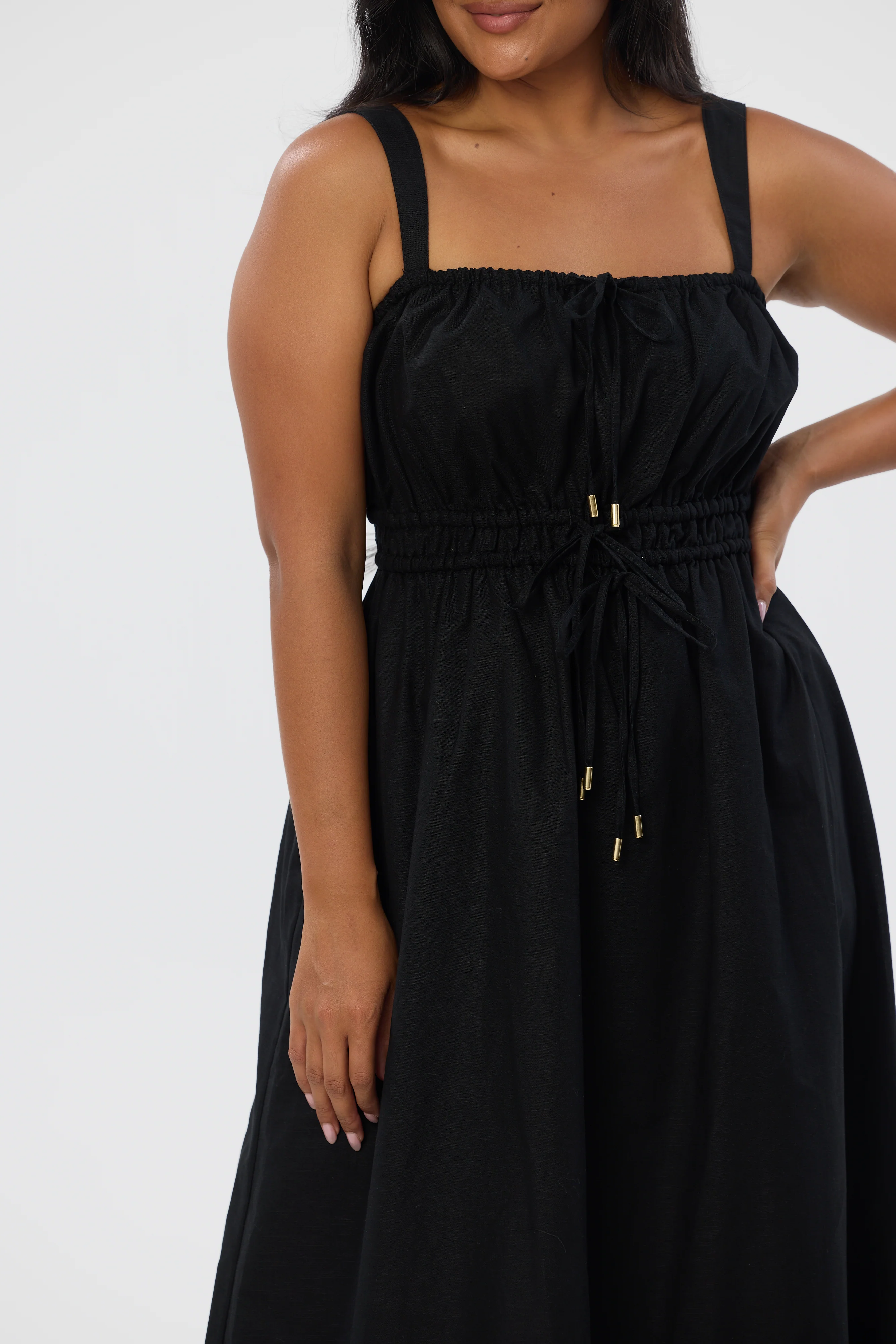 Gathered Midi Dress - Black - Image 3