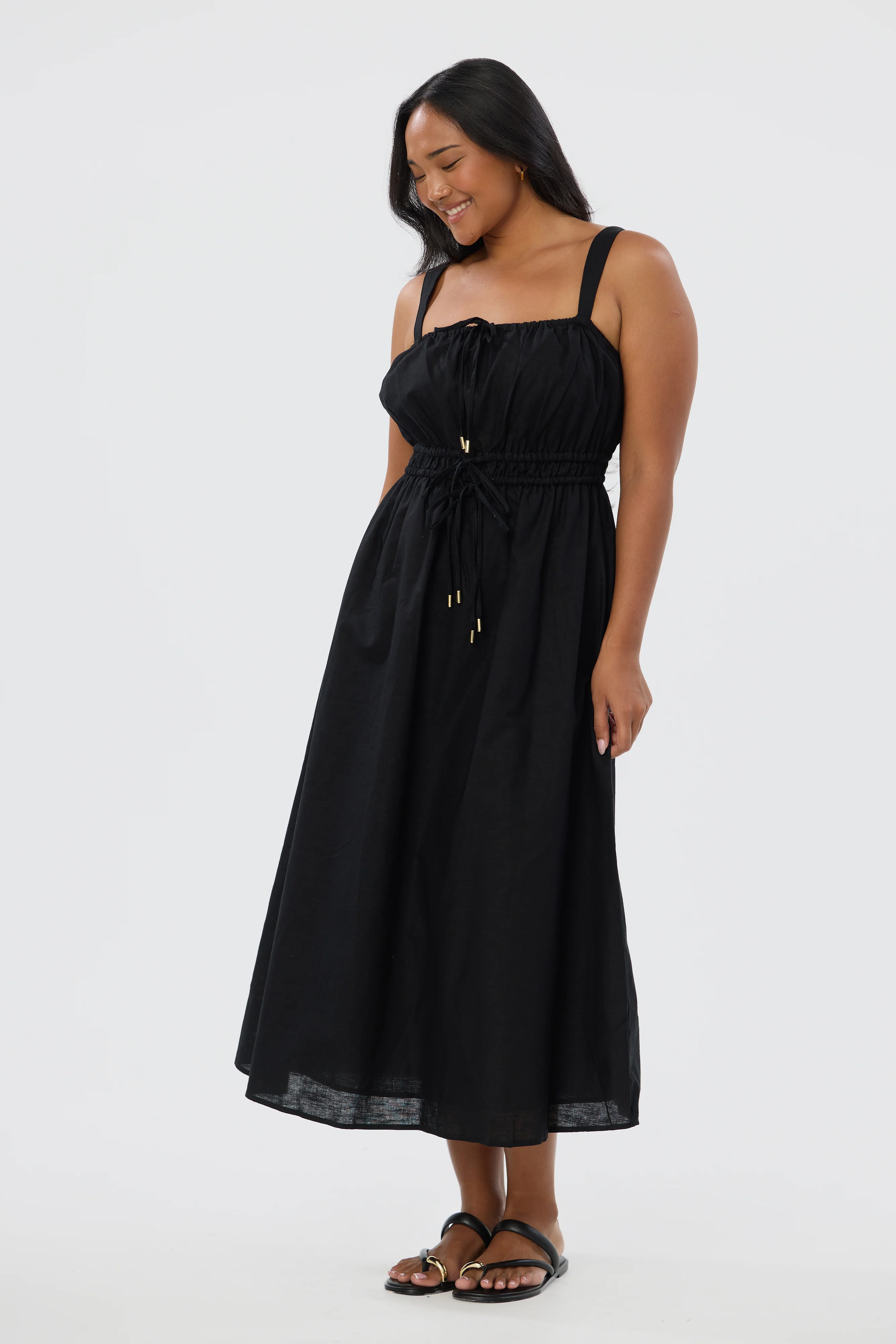 Gathered Midi Dress - Black - Image 4