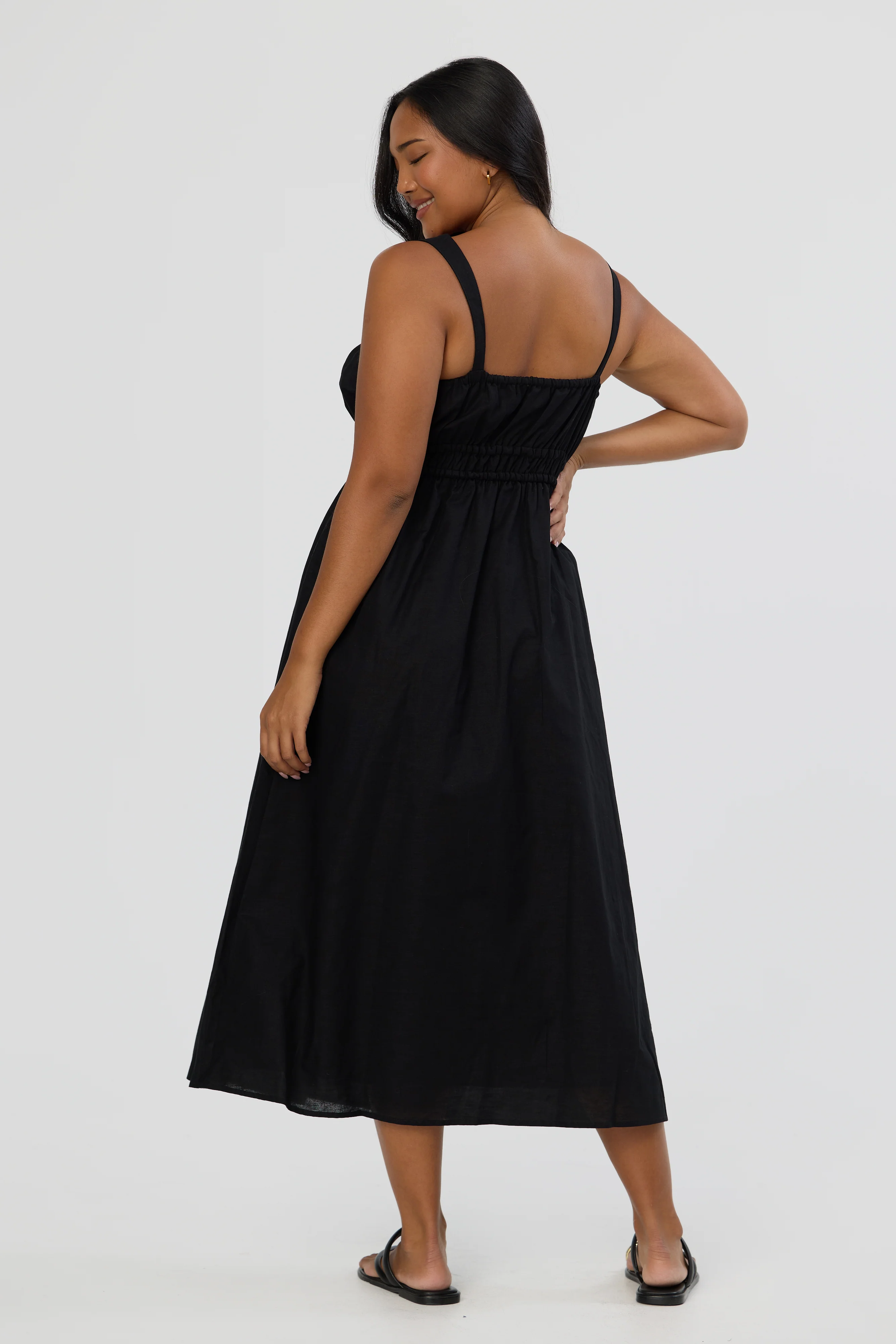 Gathered Midi Dress - Black - Image 5