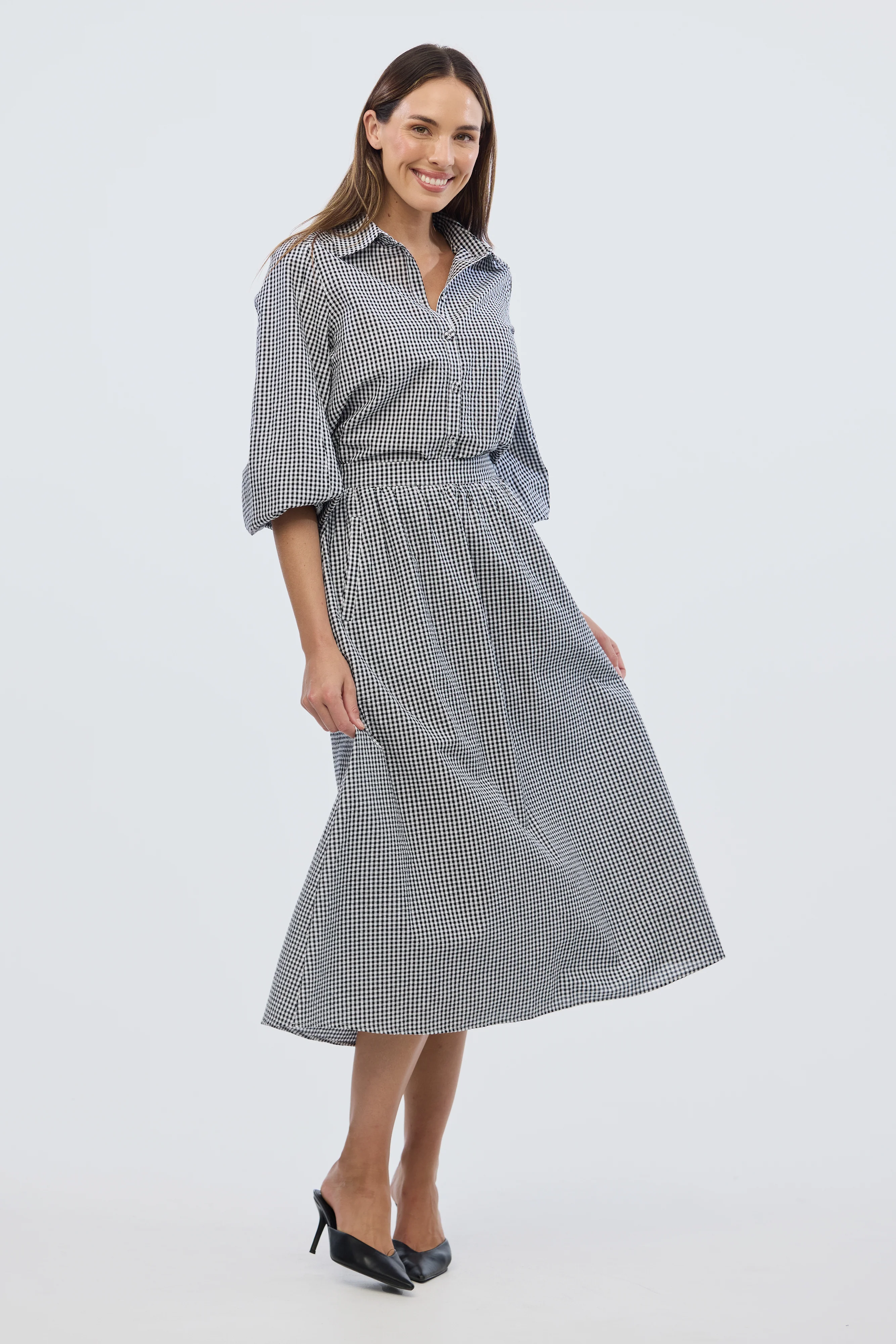 Gathered Midi Skirt- Black/White Gingham - Image 10