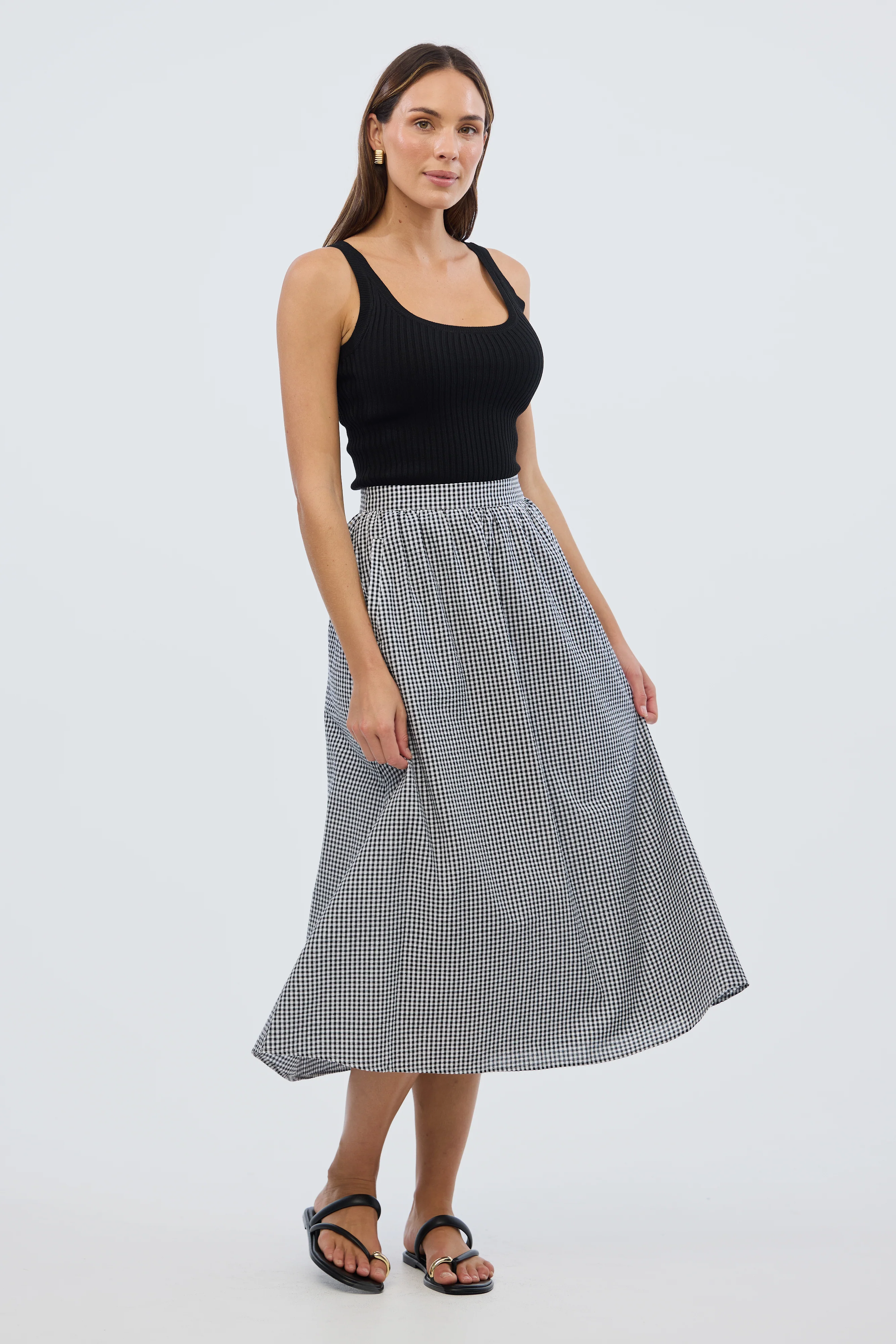 Gathered Midi Skirt- Black/White Gingham - Image 3