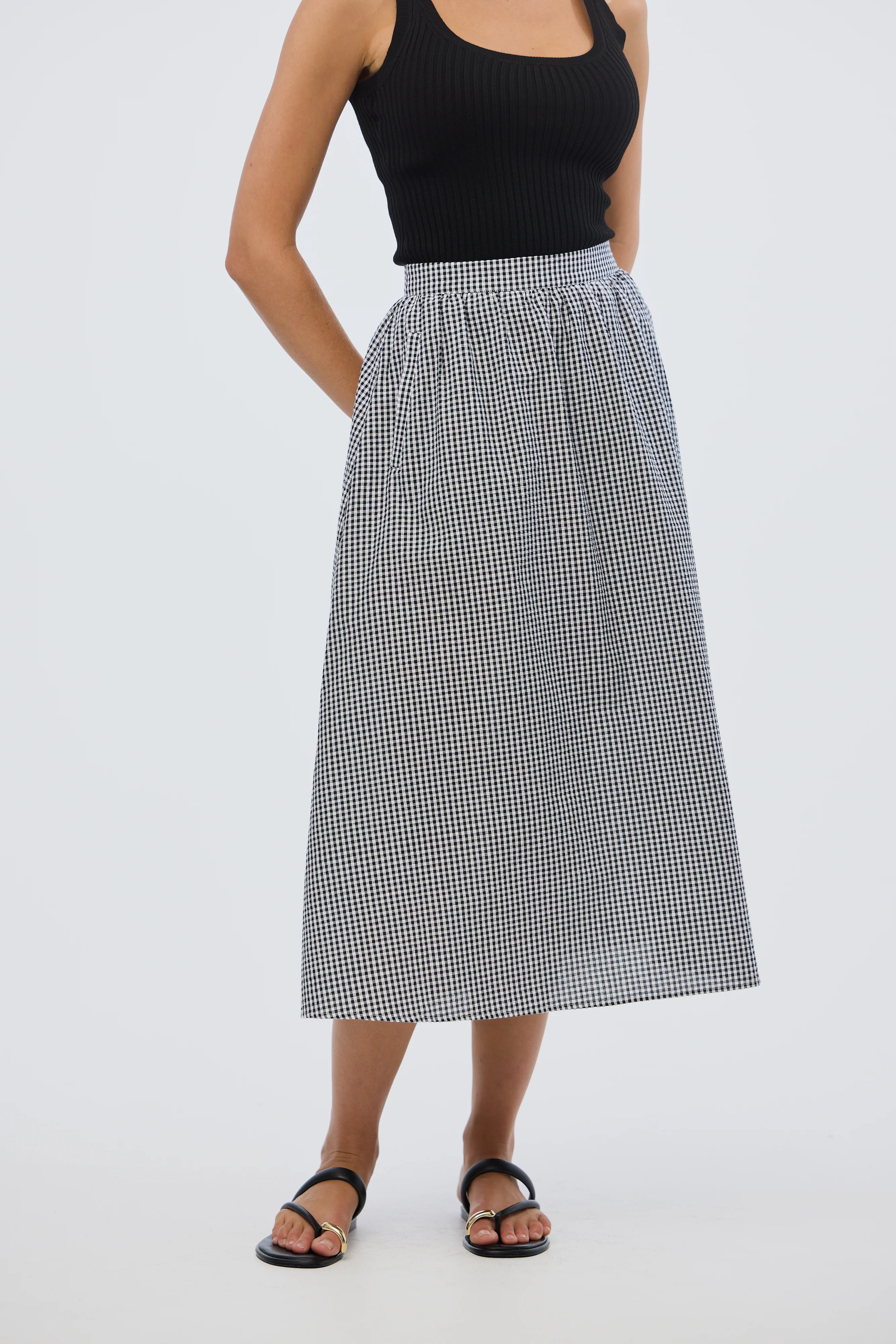 Gathered Midi Skirt- Black/White Gingham - Image 4
