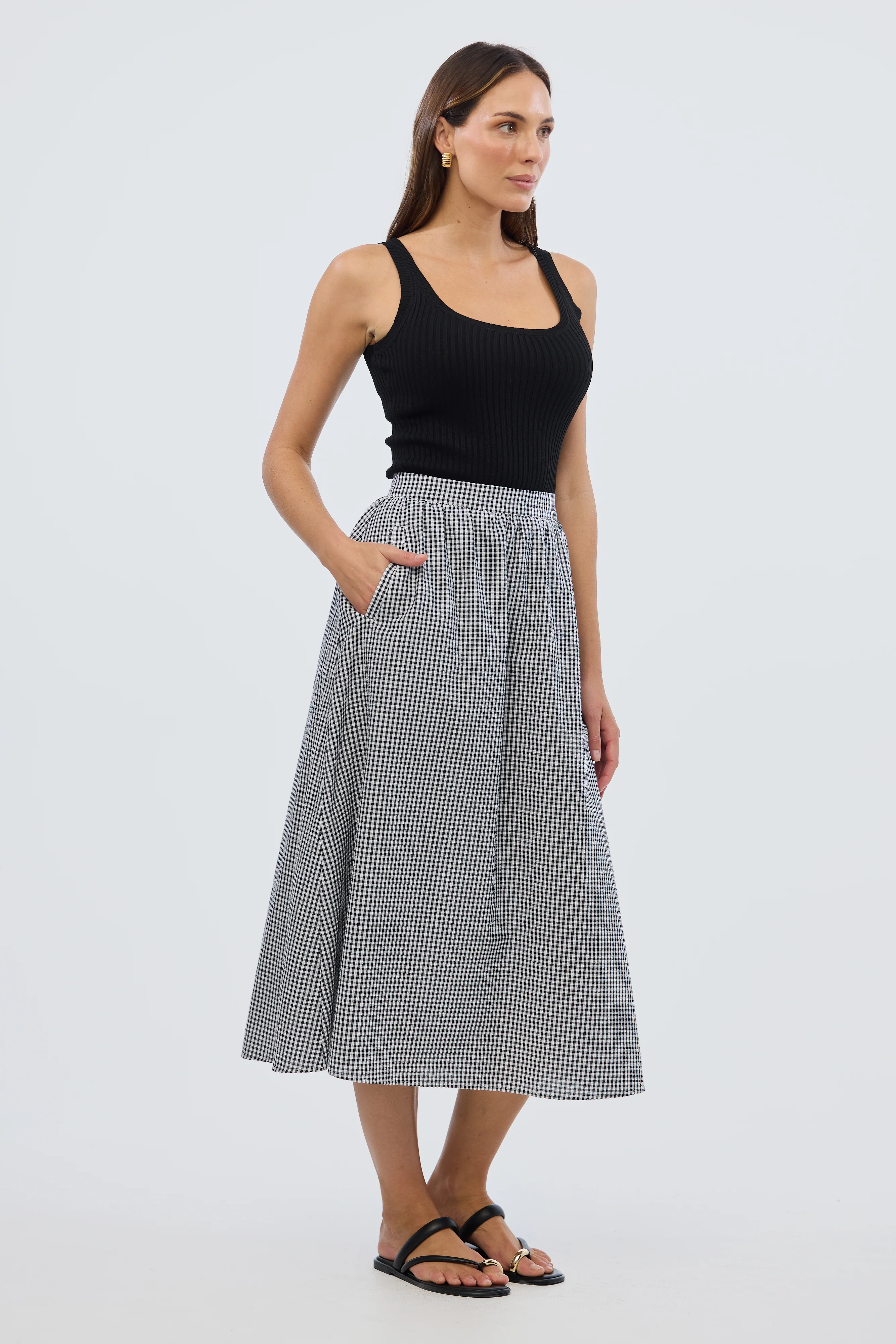 Gathered Midi Skirt- Black/White Gingham - Image 5