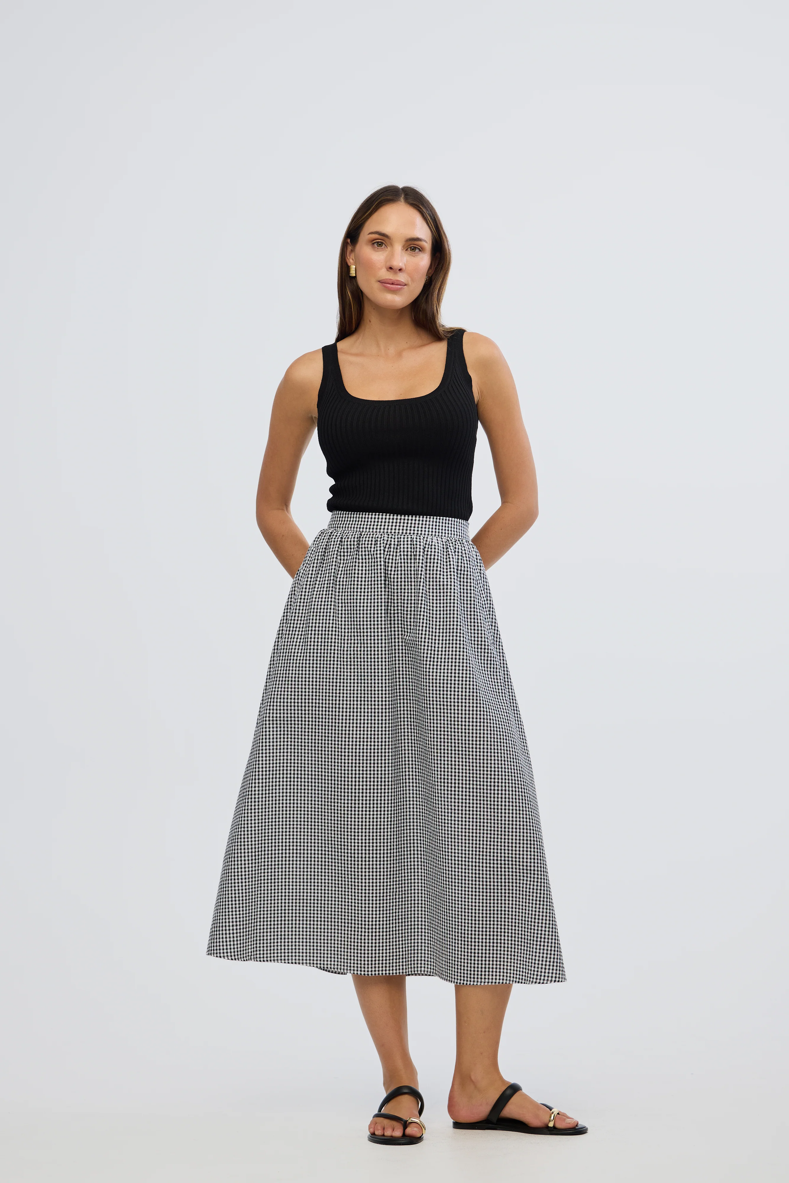 Gathered Midi Skirt- Black/White Gingham - Image 8