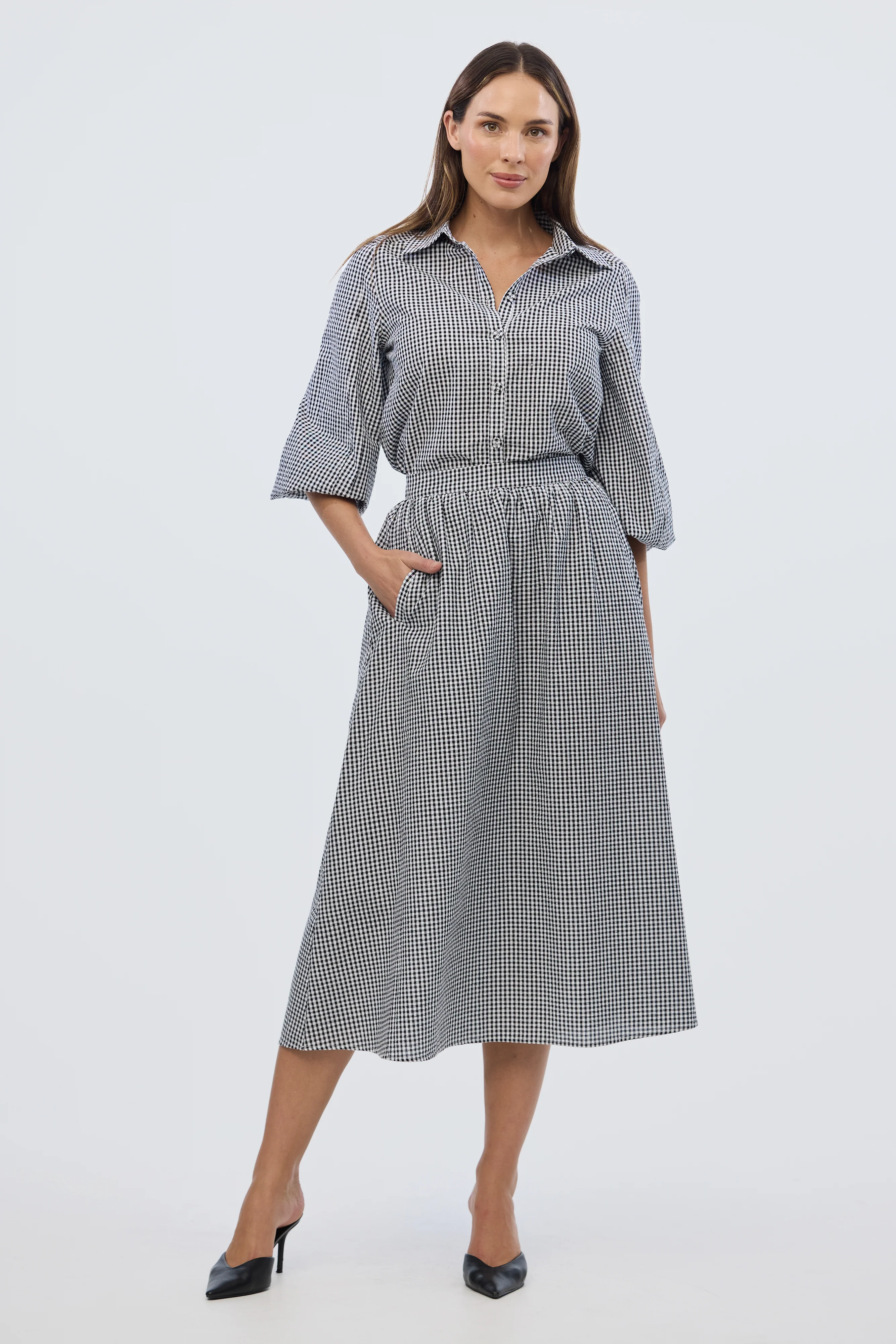 Gathered Midi Skirt- Black/White Gingham - Image 9