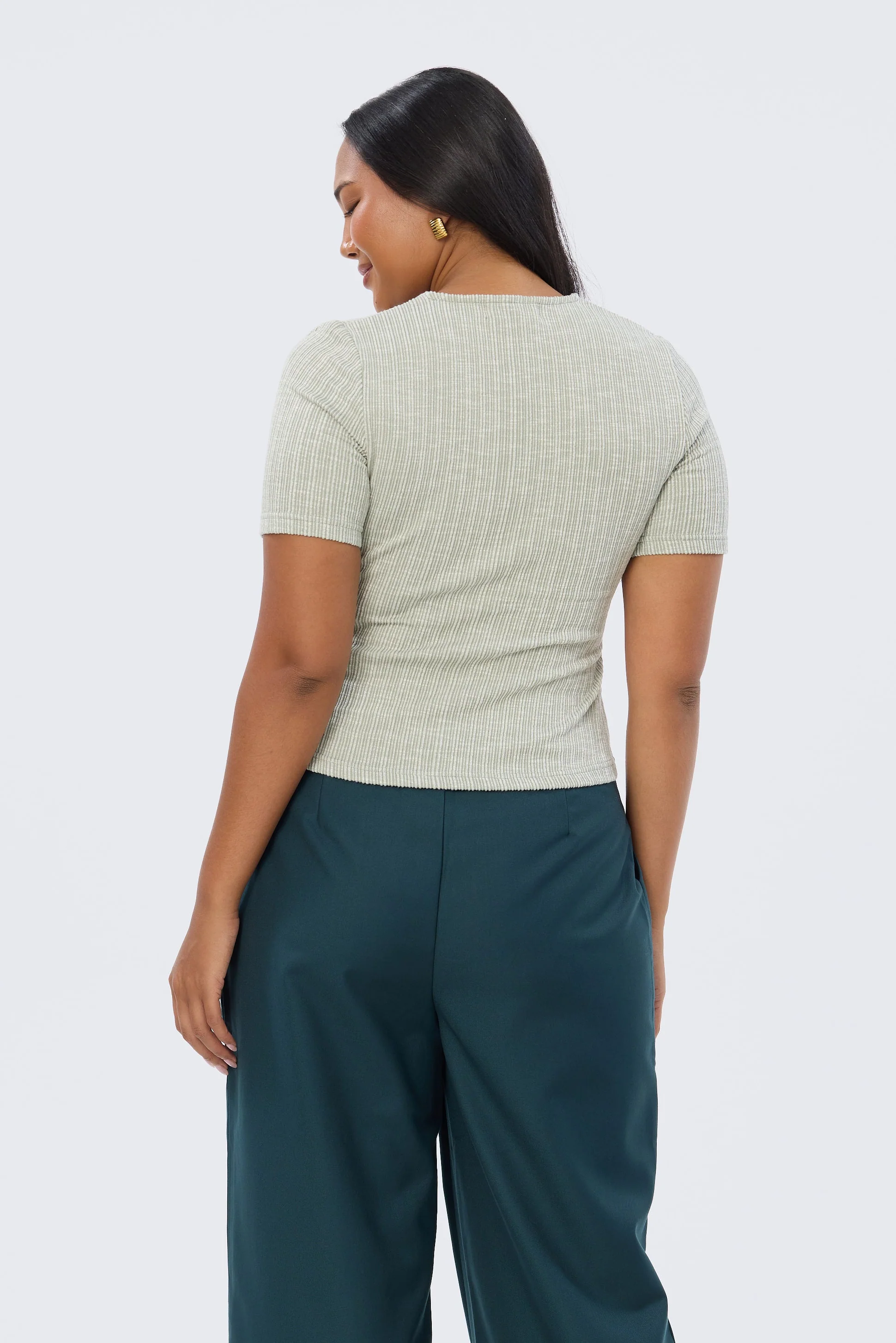 Gathered V Neck Top - Sage Marl - Image 3