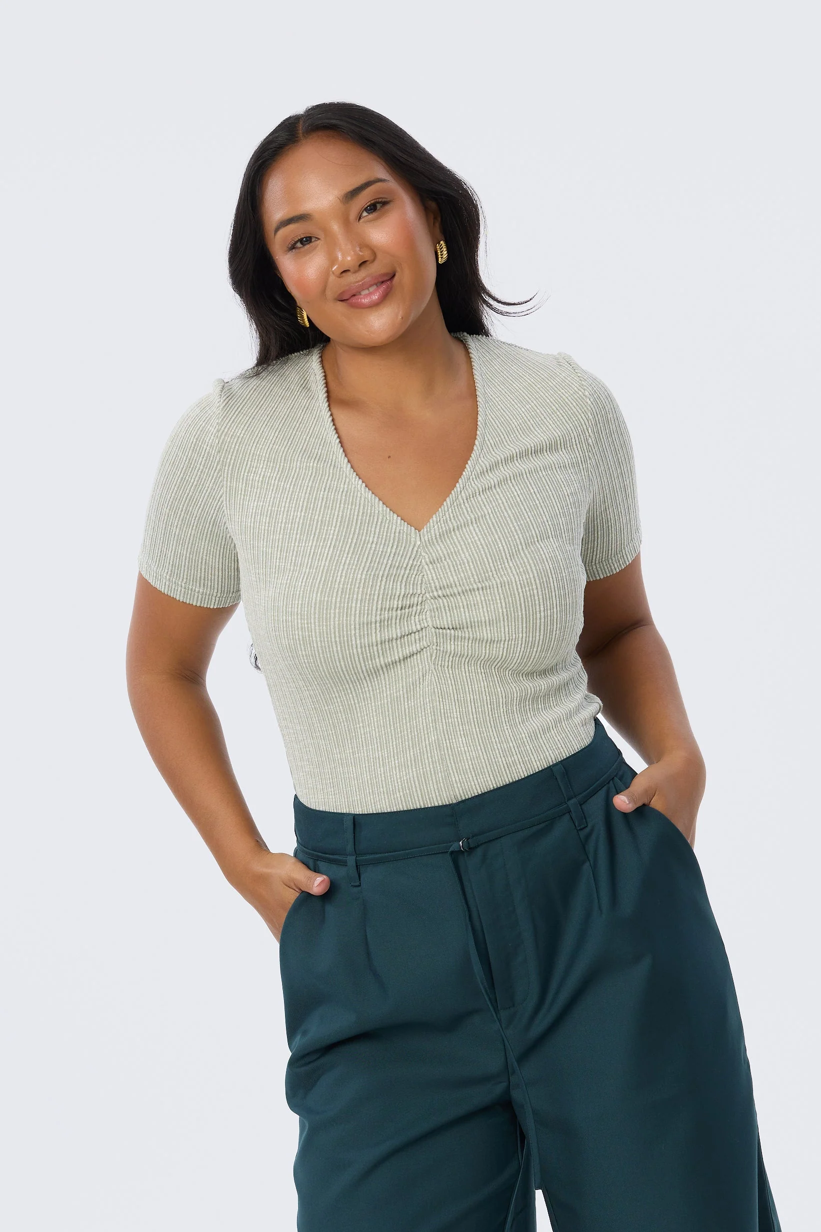 Gathered V Neck Top - Sage Marl - Image 4