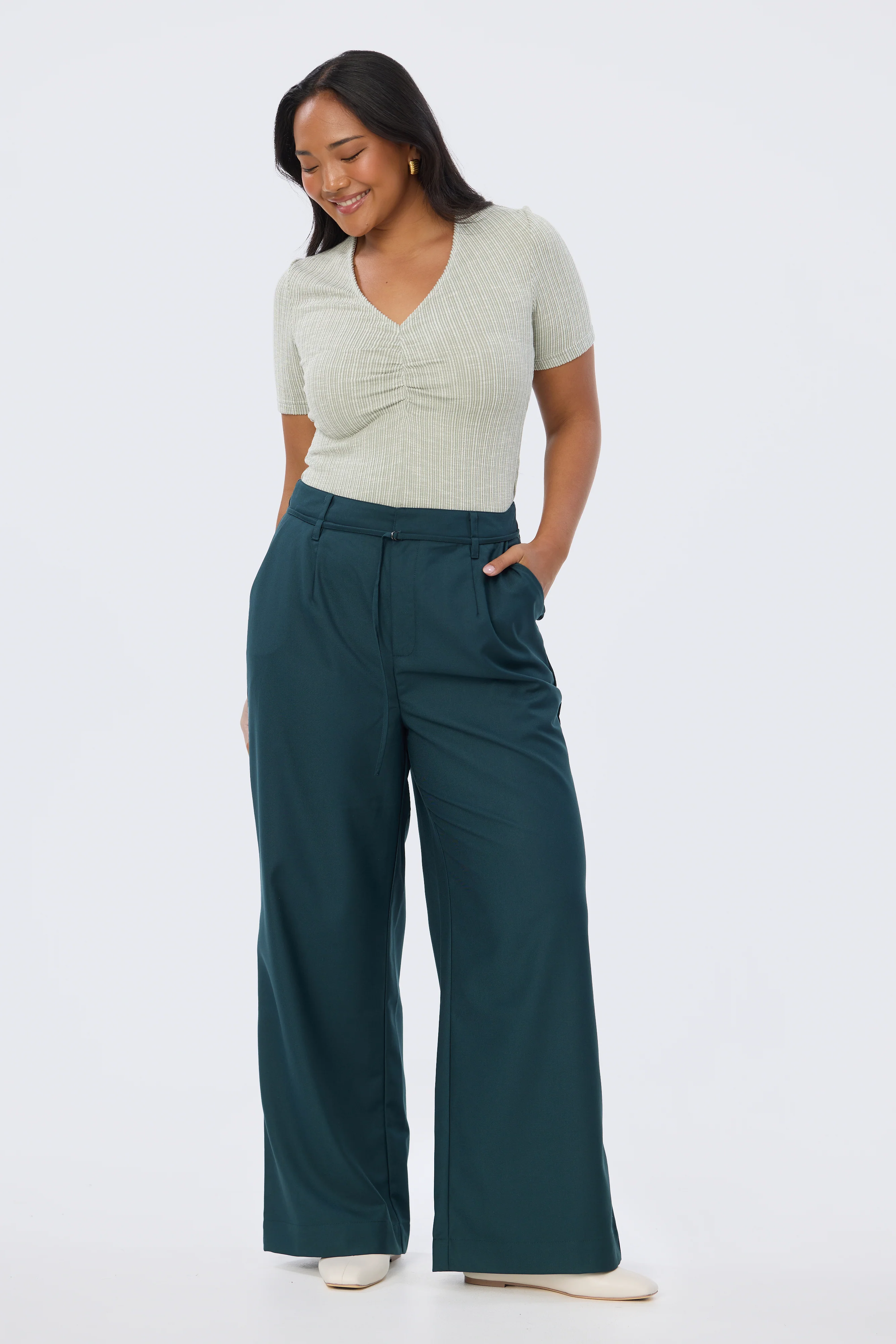 Gathered V Neck Top - Sage Marl - Image 5