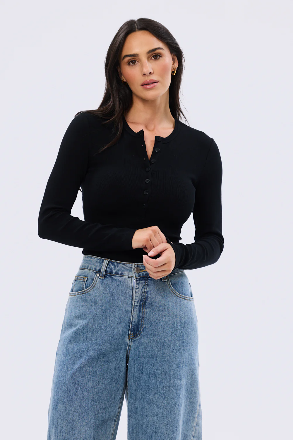 Henley Long Sleeve Top - Black