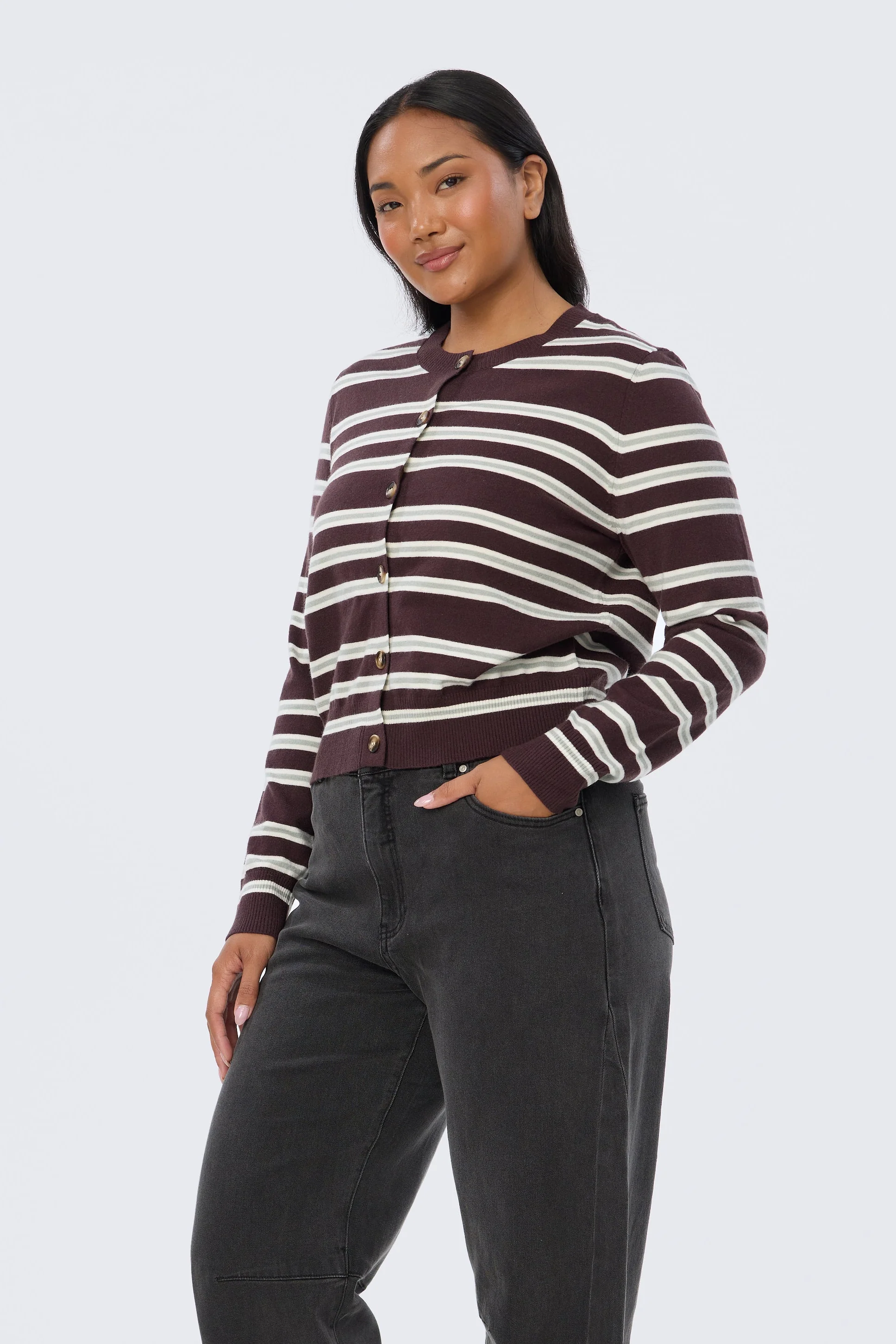 Lightweight Knit Cardigan - Aubergine/Mist Stripe - Image 3