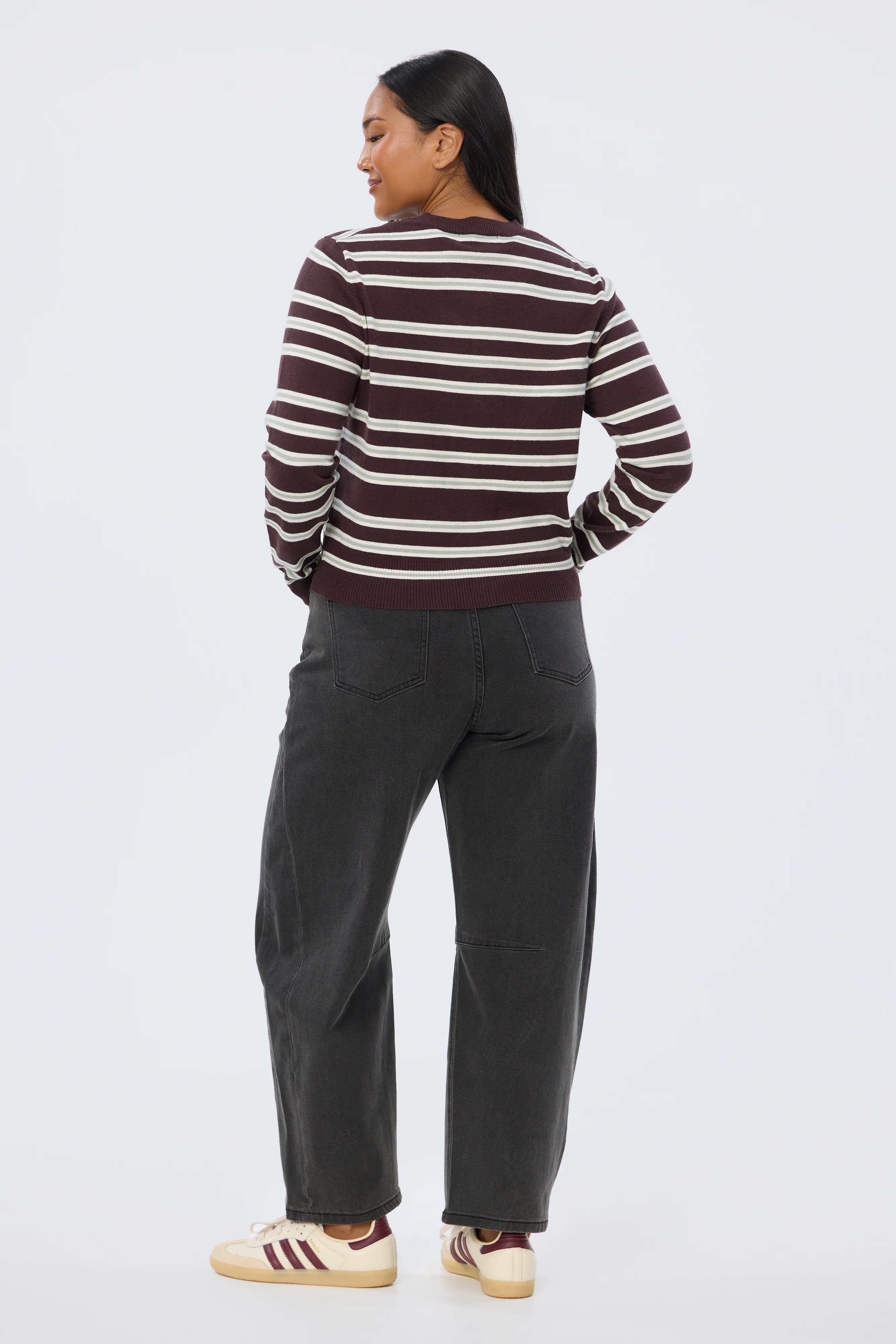 Lightweight Knit Cardigan - Aubergine/Mist Stripe - Image 4