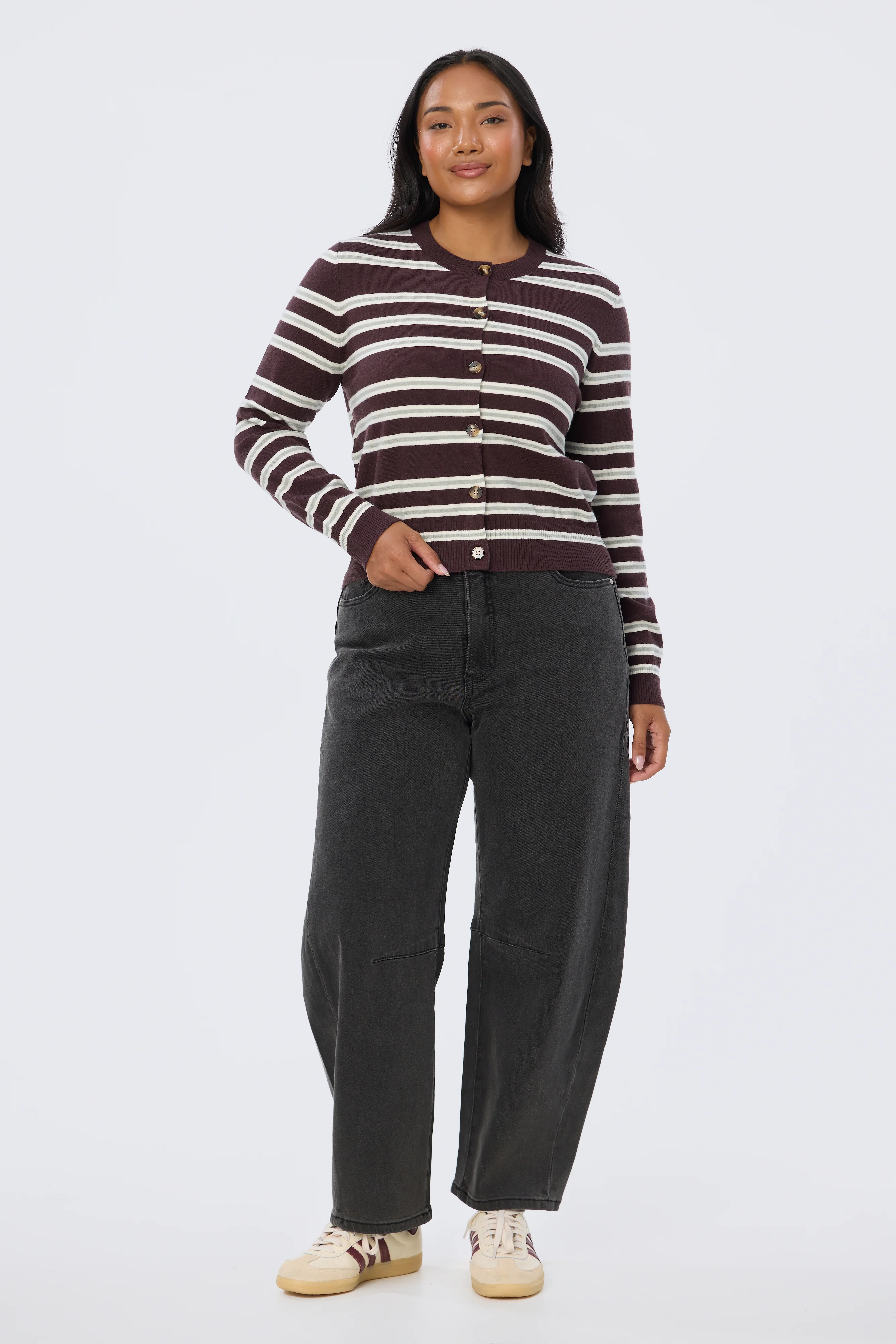 Lightweight Knit Cardigan - Aubergine/Mist Stripe - Image 5